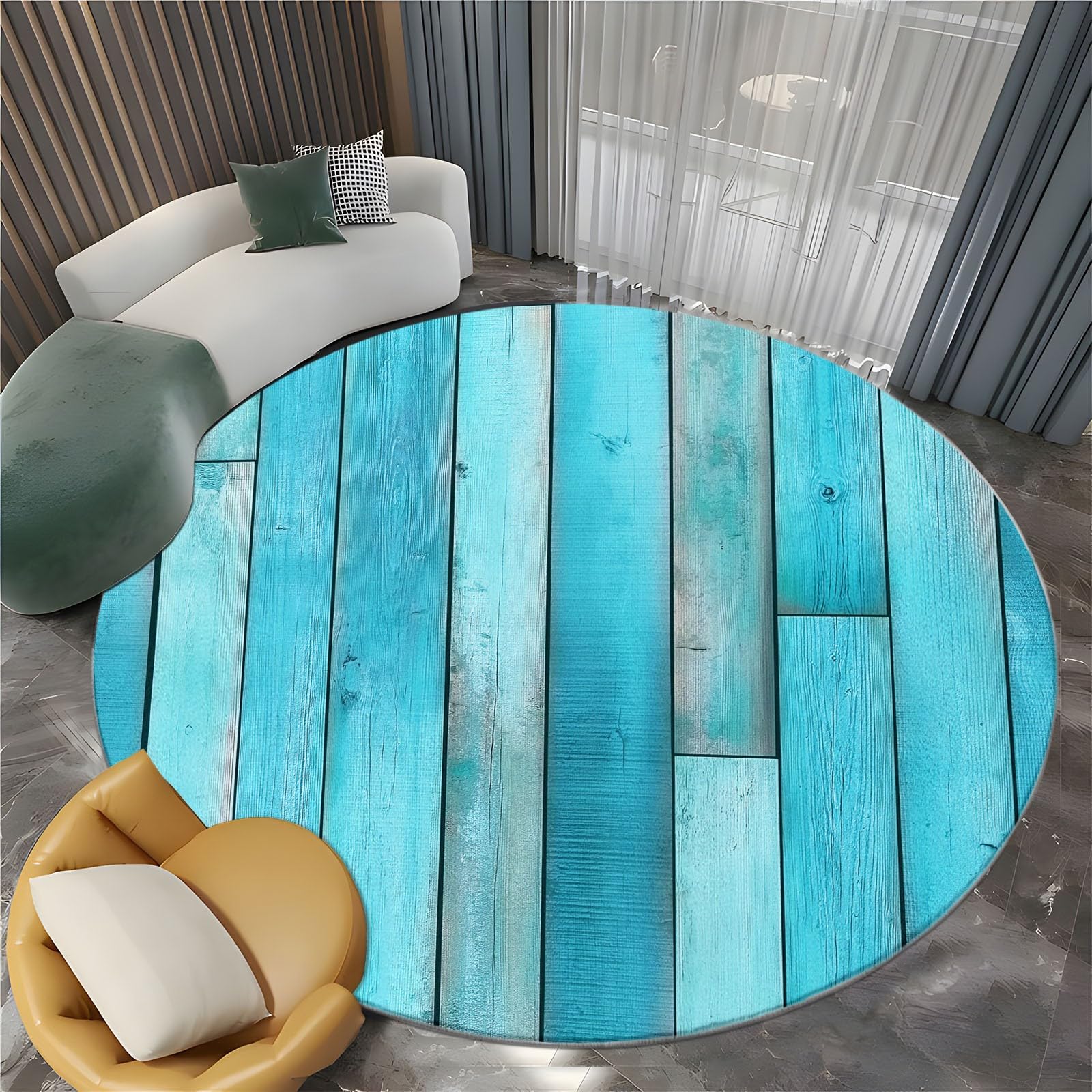 Alfombra redonda de interior azul verde estampada antideslizante y lavable, 180 cm, tabla de madera, estilo campestre, alfombra antideslizante y resistente, alfombra redonda de pelo corto suave para