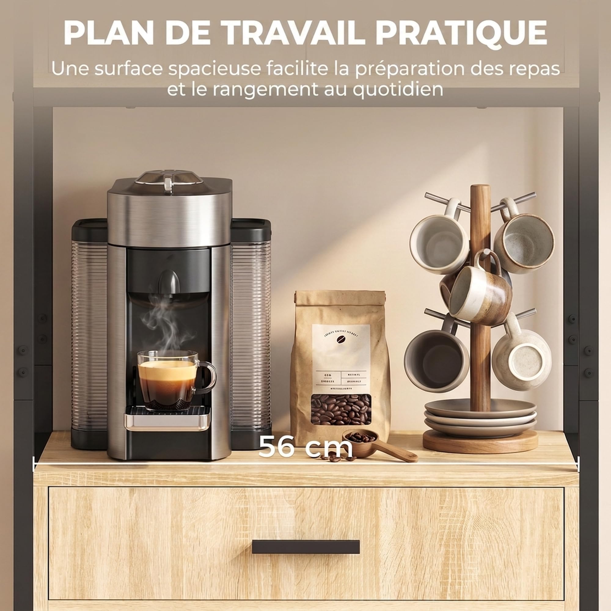 HOMCOM Buffet Haut Cuisine 4 Portes Tiroir et Plan de Travail Bois Naturel