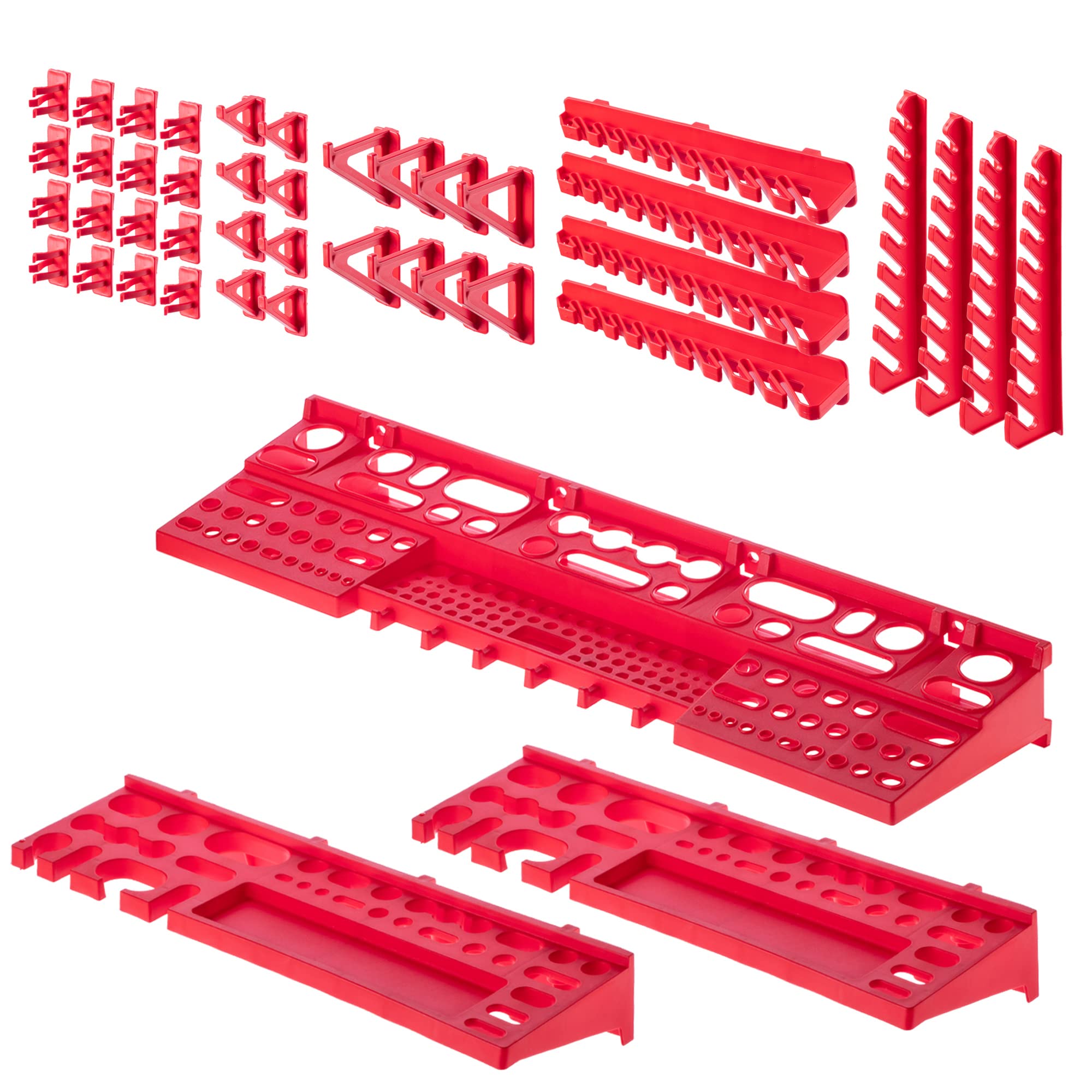 KADAX Étagère murale d'atelier, 116 x 78 cm, Système de rangement en plastique robuste, Étagère d'atelier résistante aux UV, Plaques murales extensibles, Étagère à glissière pour garage, (Rouge, 61