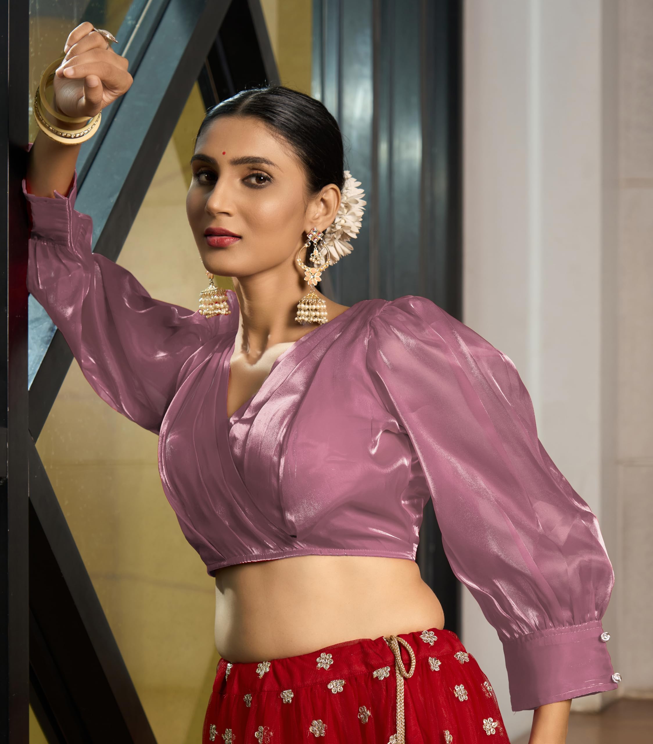 Pujia Mills Women's Rafale Silk Full Balloon Sleeve V Neck Blouse(Gangu) (Peach, 32)