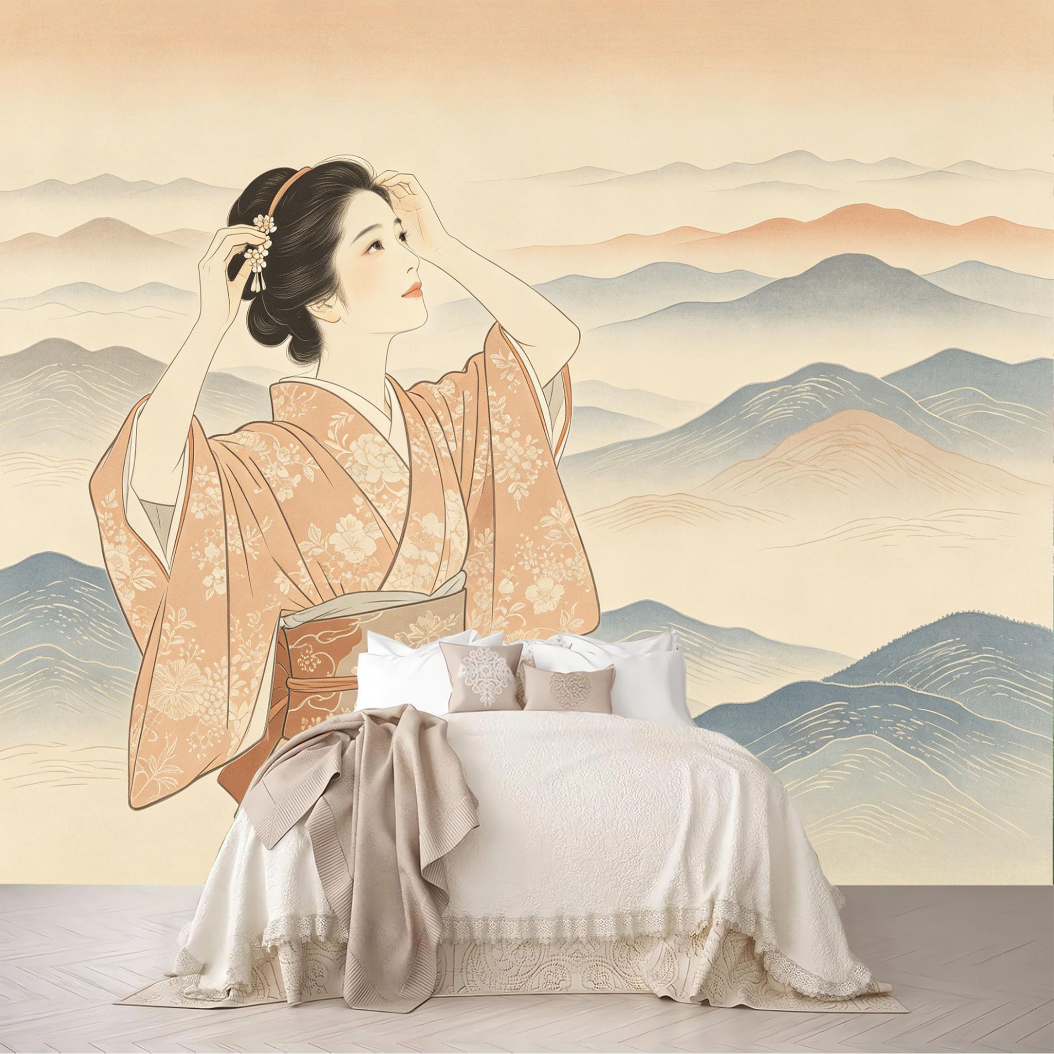 Dskjoviality Ab260706042 Custom Size Wall Mural Ukiyo-E Geisha Kimono Pastel Mountain Print Removable Self Adhesive Peel And Stick Wallpaper For Bedroom Living Room Dining Room