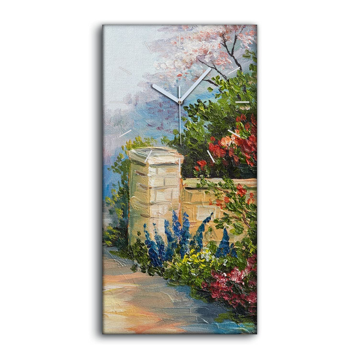 Horloge sur Toile 30x60cm Art Mural Salon Moderne Fleurs Aiguilles Blanches