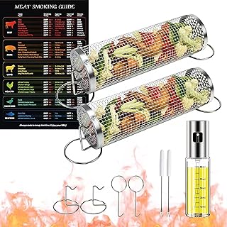 2 PCS Large Grill Basket with 2 stereopods , BBQ Grill Basket, Round Stainless Steel Mesh BBQ Rolling Grilling Basket, Grill Mesh with Removable and Rotatable, BBQ Grill Mesh Greatest Grilling Basket Ever, Portable Grill Baskets for Outdoor Camping Grill for Fish, Shrimp, Meat, Vegetables, Fries (11.7 x 3.6 x 3.6inch) (2L)