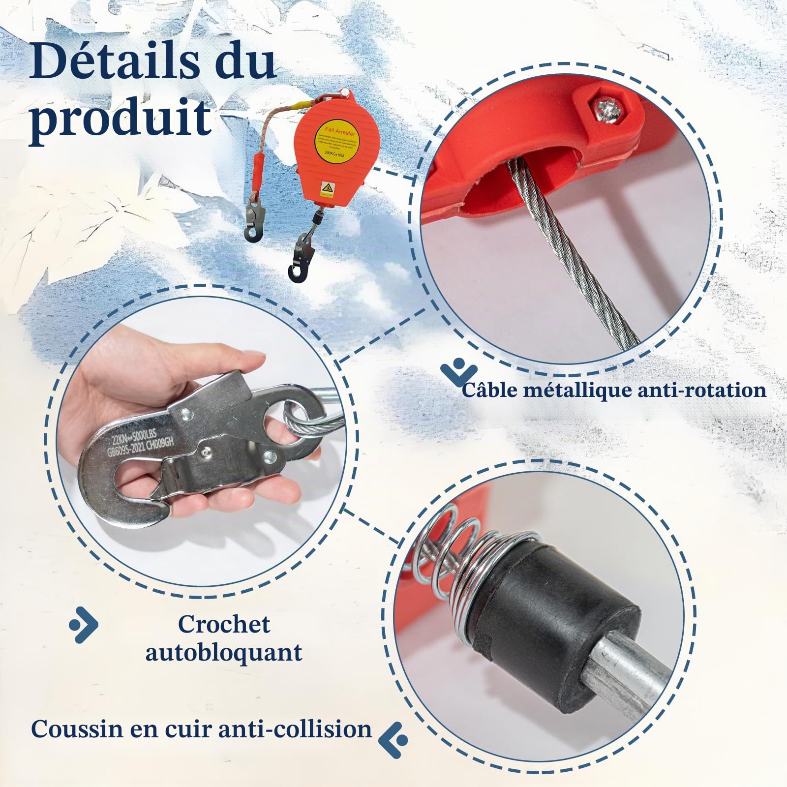 Harnais de Securite Anti Chute Rétractable, 200kg Dispositif Antichute a Rappel Automatique Rouge, 10m Retractable Harnais Anti chute Professionnel Toiture/Travaux Aériens