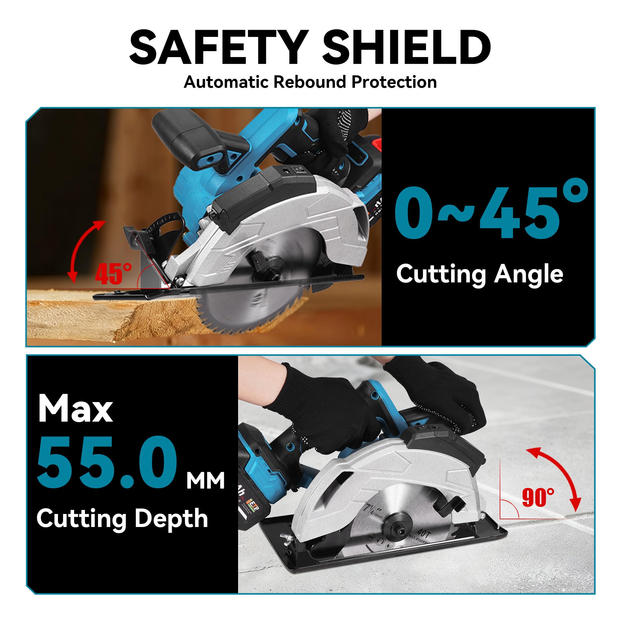 ONEVAN Akku Kreissäge mit Laser, 1200W Bürstenlos Akku Handkreissäge, Tauchkreissäge Schnitttiefe 60mm, 0-45° Schrägschnitt, 4000 U/min, 2x4.0Ah Akkus, für Holz, Metallarbeiten (Blau)
