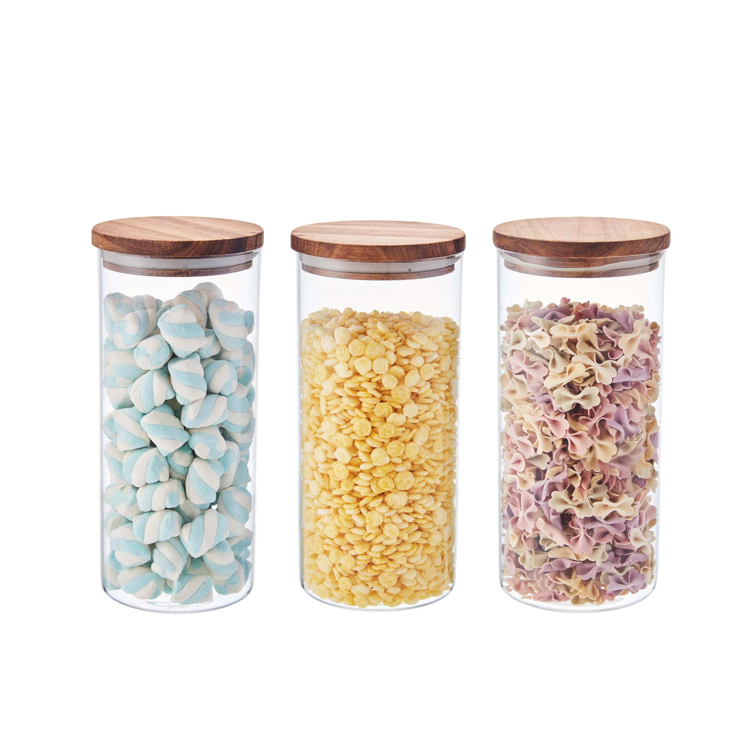 Eden & Willow Glass Kitchen Storage Canister Jars with Airtight Acacia Wooden Lids (Pack of 3 Jars), Borosilicate Glass Food Storage Containers for Kitchen Pantry Organisation (3, 1.4L)