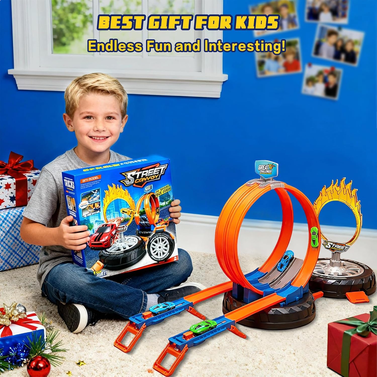 Race Car Track Set for Kids Ages 3-8，Transformable Tire Storage & Portable Handle into Race Course, Racing Toy Playset Birthday Gift for Kids Boys Girls
