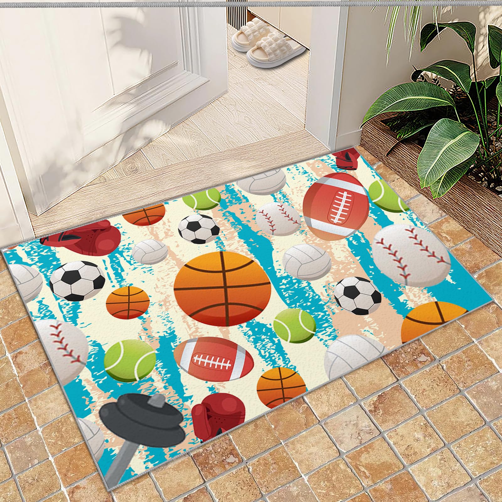 QDJKBL Entrance Rug 60 X 140 Cm Basketball Soccer Volleyball Movement Sports, 3D Modern Cartoon Children'S Rug Doormats, Entrance Carpet Easy Care for Entryway
