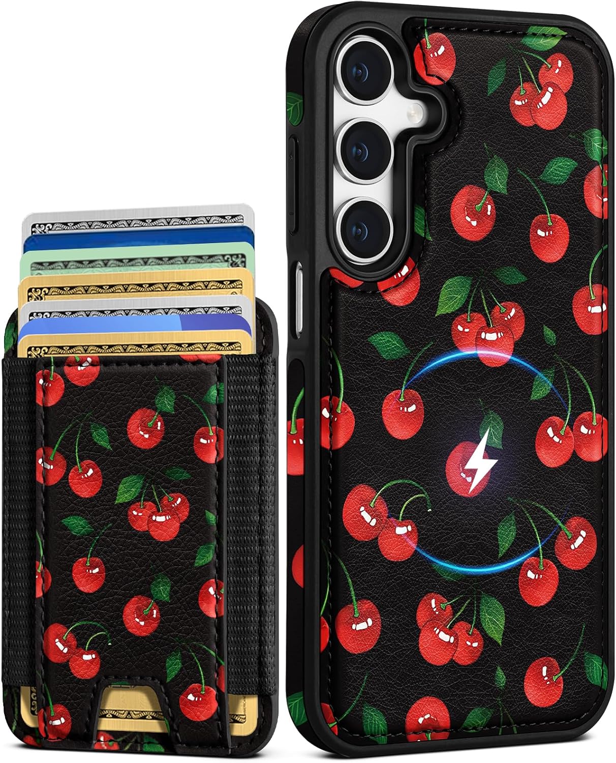 Shorogyt for Galaxy A16 5G Cute Kawaii Leather Phone Case - Compatible with Magsafe Wallet Magnetic Credit Card Holder Fashion Cherry Design Phone Cover for Women Girls, Fits 7 Cards Cherry for Samsung Galaxy A16