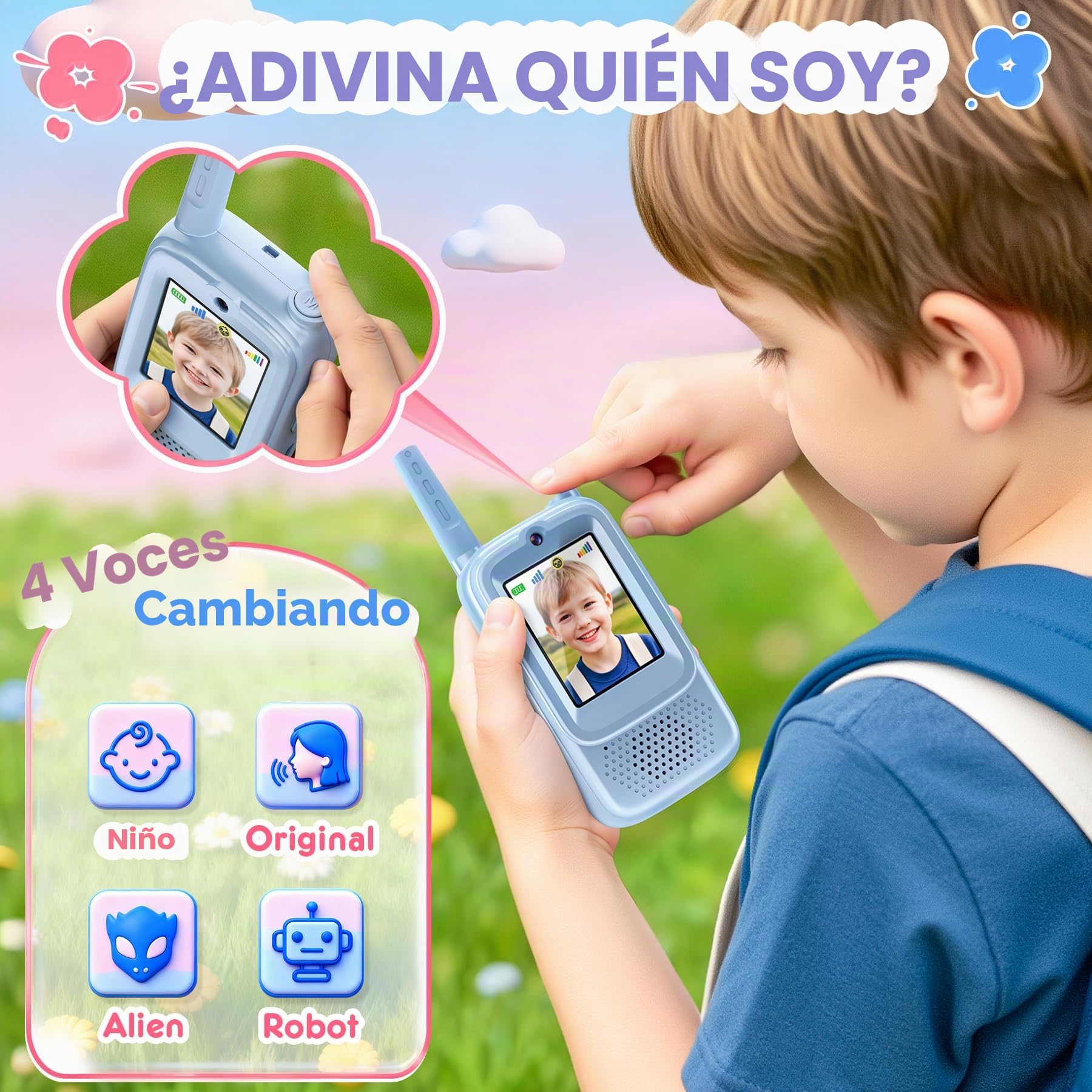 Pourbibi Walkie Talkie Niños Recargable,Walkie-Talkies con Pantalla, Alcance de 400 Metros y 4 Efectos de Voz, Juguete para Niños de 3 a 12 Años, Ideal para Exteriores y Acampadas, Alto Rendimiento.