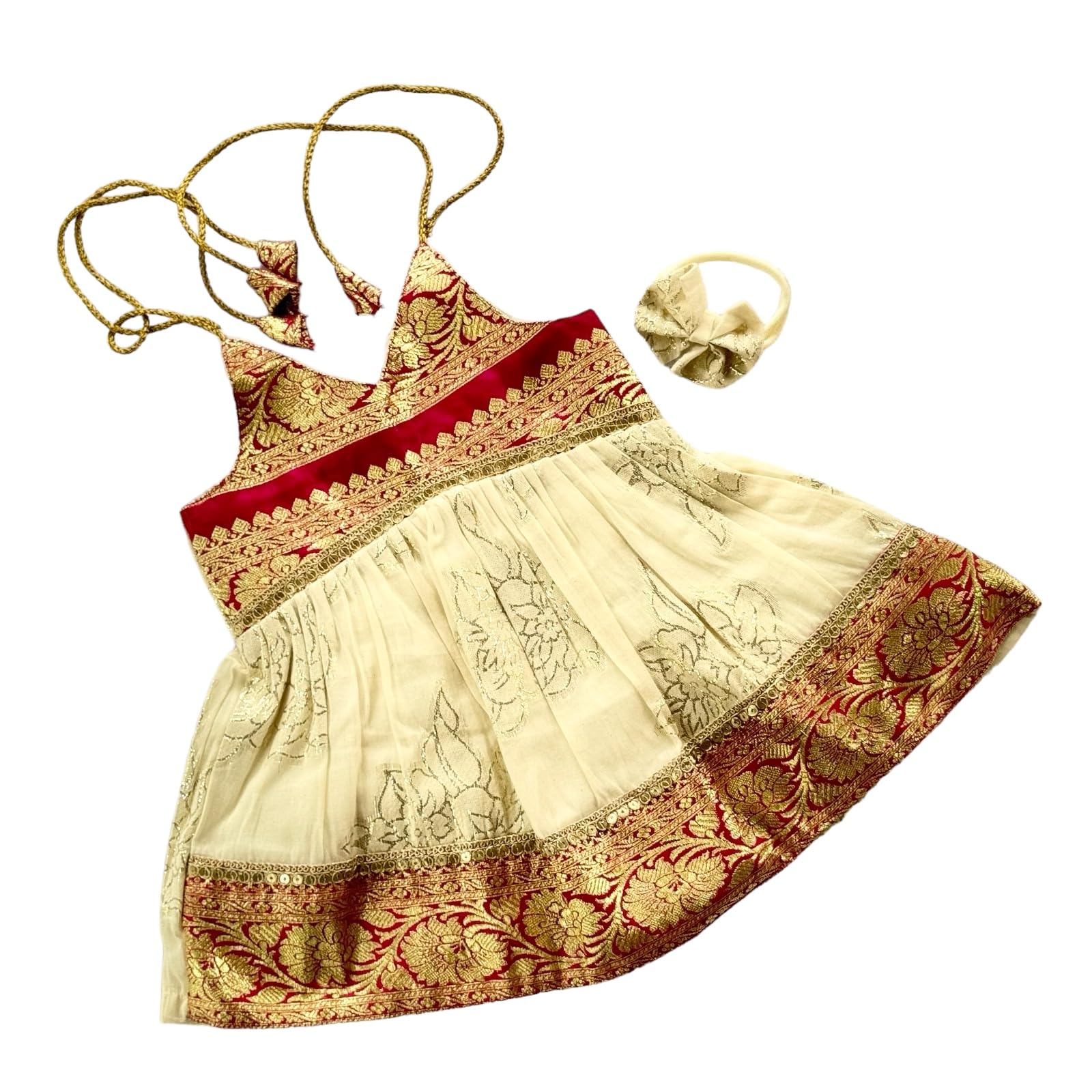 Newborn Baby Girl Silk-Cotton Dress/Traditional Birthday Dress/Festive Indianwear with Hairband(Border)-image-35