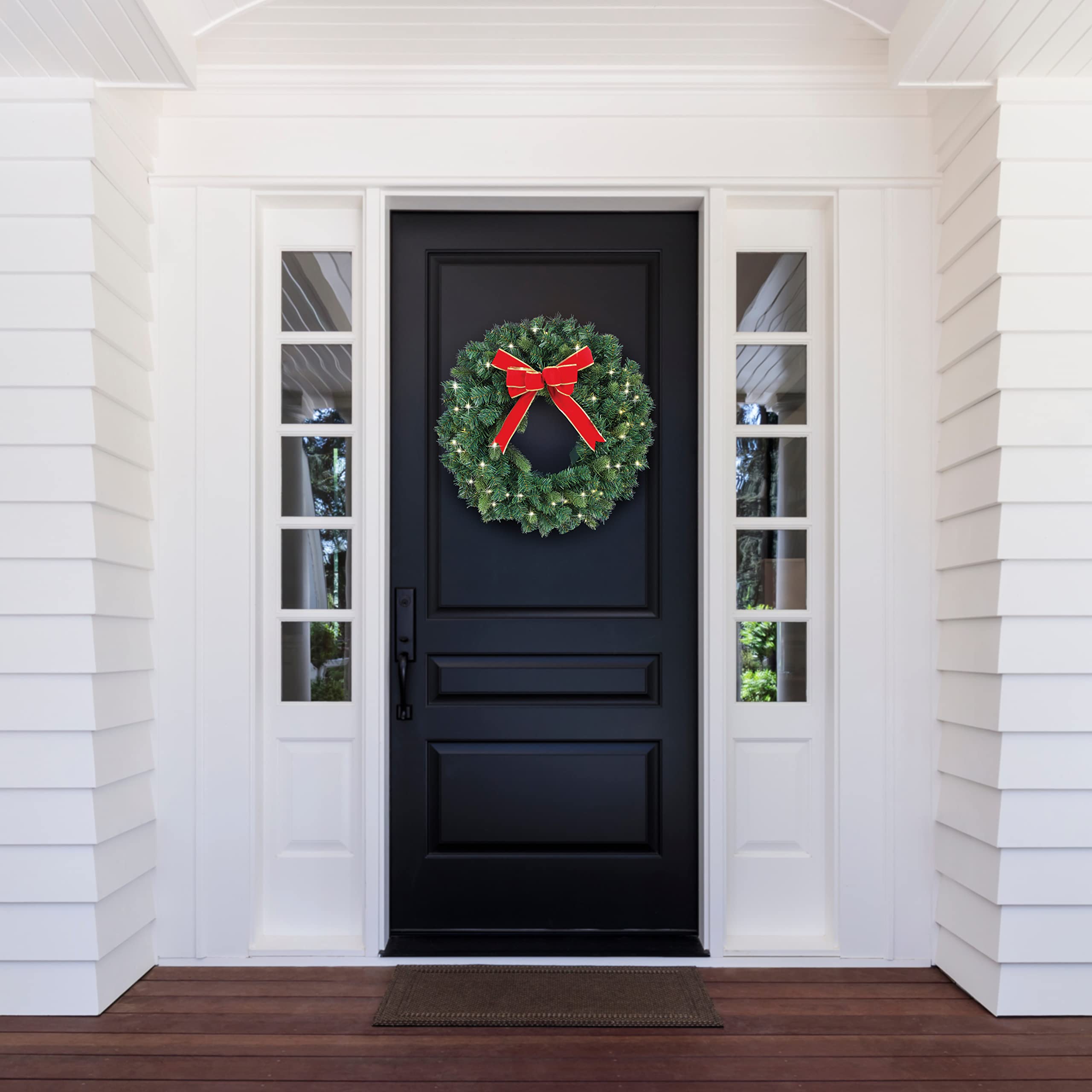 Flexible Flyer Battery Operated Wreath for Front Door. Pre-Lit Evergreen Xmas Lighted Holiday Christmas Outdoor Timer, 24