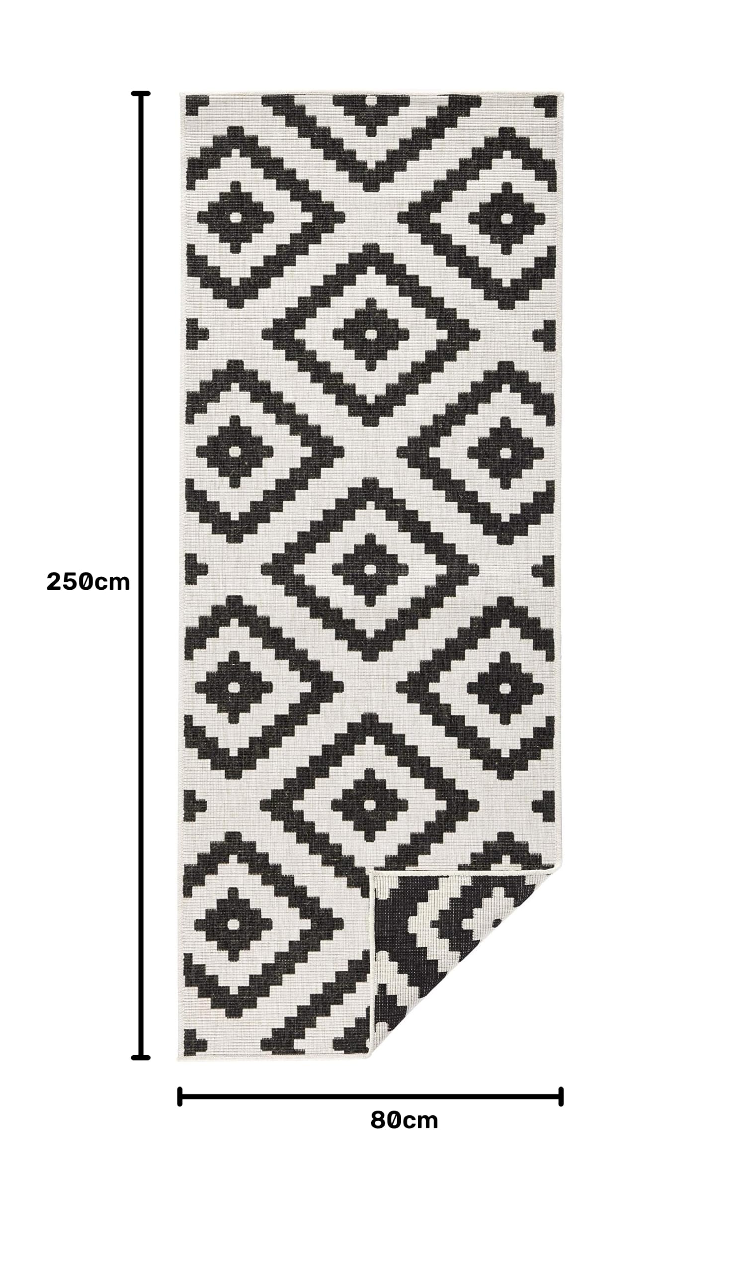 NORTHRUGS Tappeto reversibile Malta, resistente alle intemperie, moderno motivo geometrico, per balcone, terrazza, giardino d'inverno, soggiorno, impermeabile, in polipropilene, nero, crema, 80 x 250