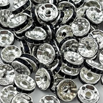 120pcs 6mm Rondelle Spacer Beads Silver Plated Crystal Rhinestone Spacer Loose Beads for Jewelry Making DIY Bracelets Necklace Earring CraftBlack