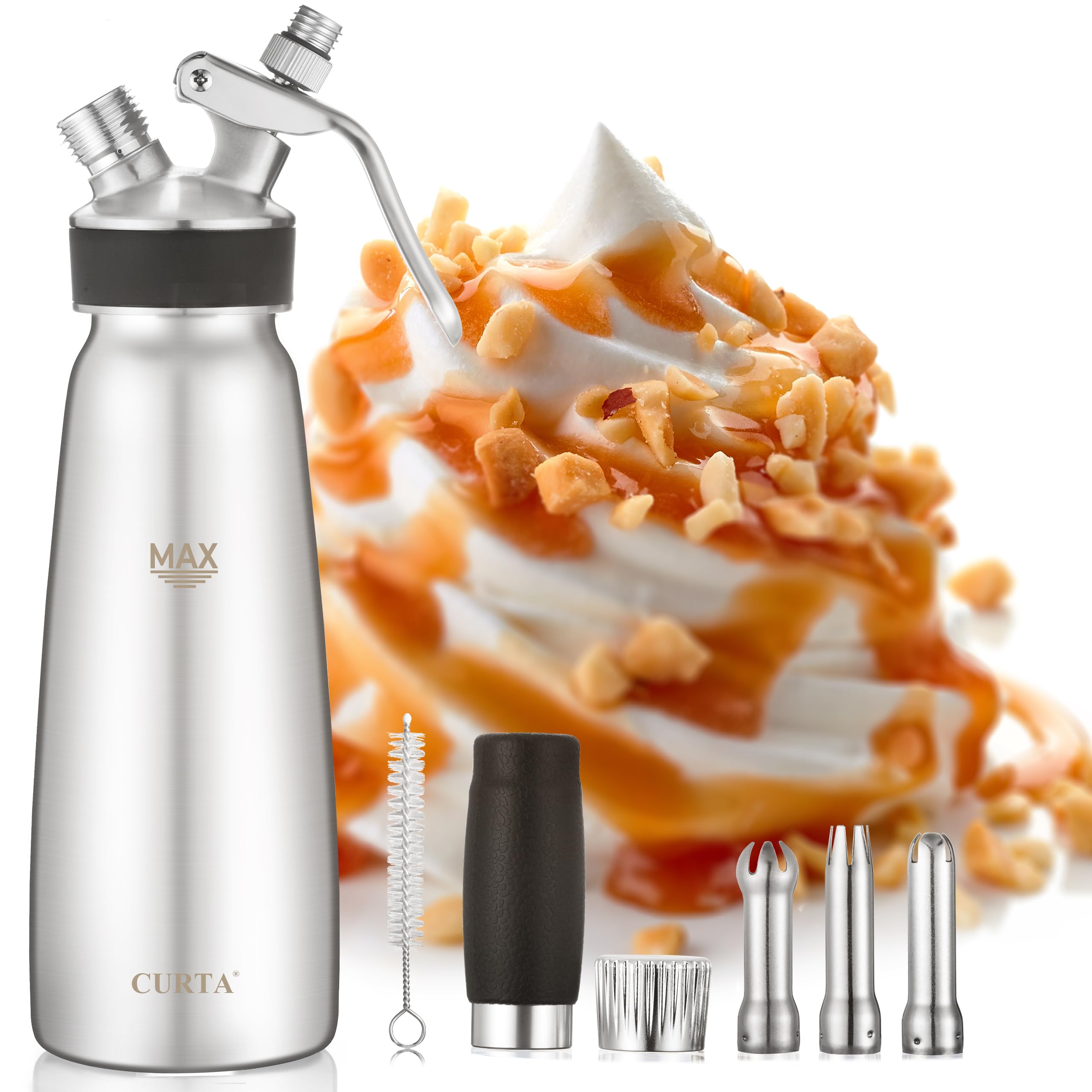 CURTA Stainless Steel Professional Whipped Cream Dispenser, Leak-Free Cream Whipper, Cream Maker with 3 Decorating Tips &amp; Cleaning Brush, 500ml / 1 Pint Canister, N2O Charger (Not Included)