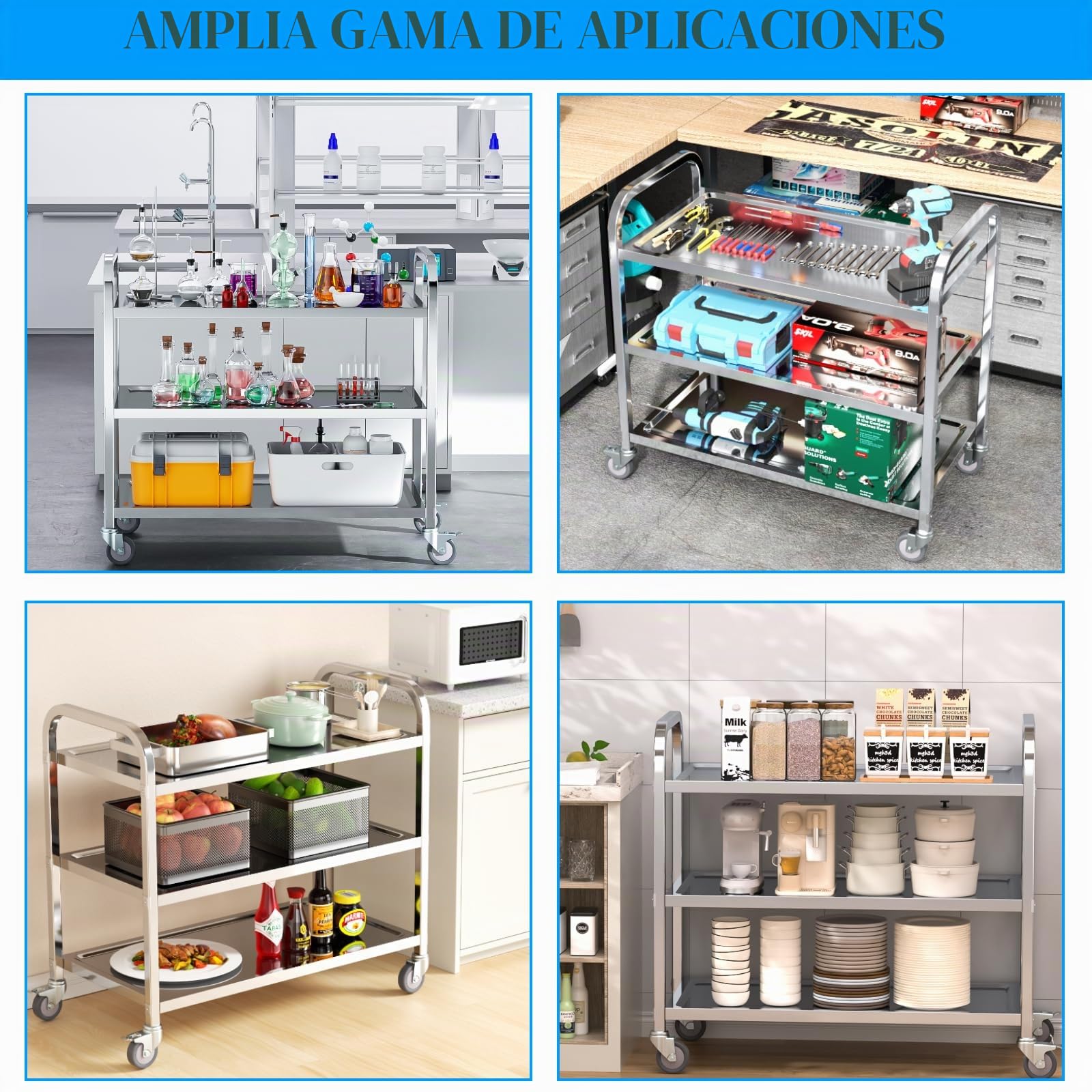VELPAX Carro de Cocina rodante de 3 Niveles, 95x50x95 cm Carro de Cocina de Acero Inoxidable, rodante silencioso, para Almacenamiento clínico Cocina Hotel Salón de Belleza