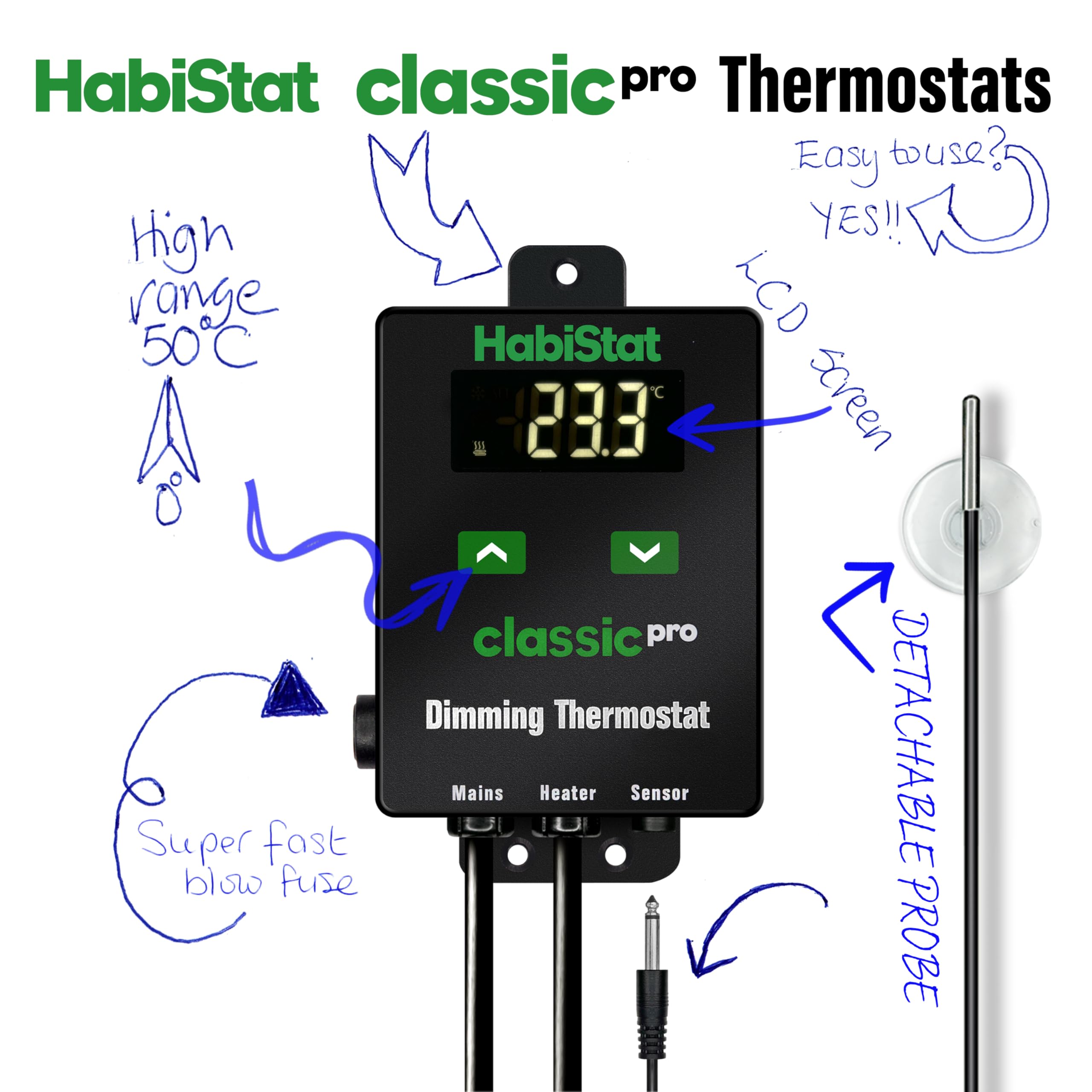 Habistat Classic Pro Thermostat de vivarium à intensité variable Noir 450 W Accessoire terrarium d'intérieur Thermostat régulateur de température pour animaux de compagnie, serpent, gecko, dragon