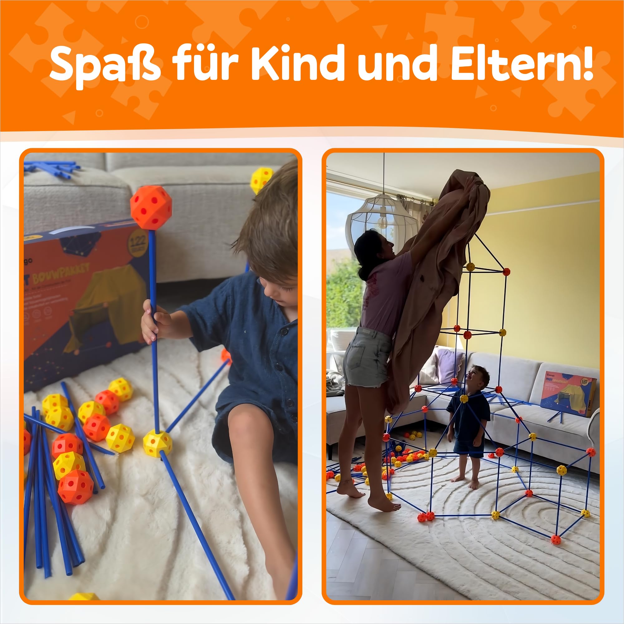 Fort Bausatz XL mit 191 Teilen, Höhle Bauen Kinder, Konstruktionsspielzeug Stecksystem, Spielzelt für Indoor & Outdoor, Kreatives Bauspielzeug, Steckspiele ab 5 Jahren, Inkl. Tasche & E-Book