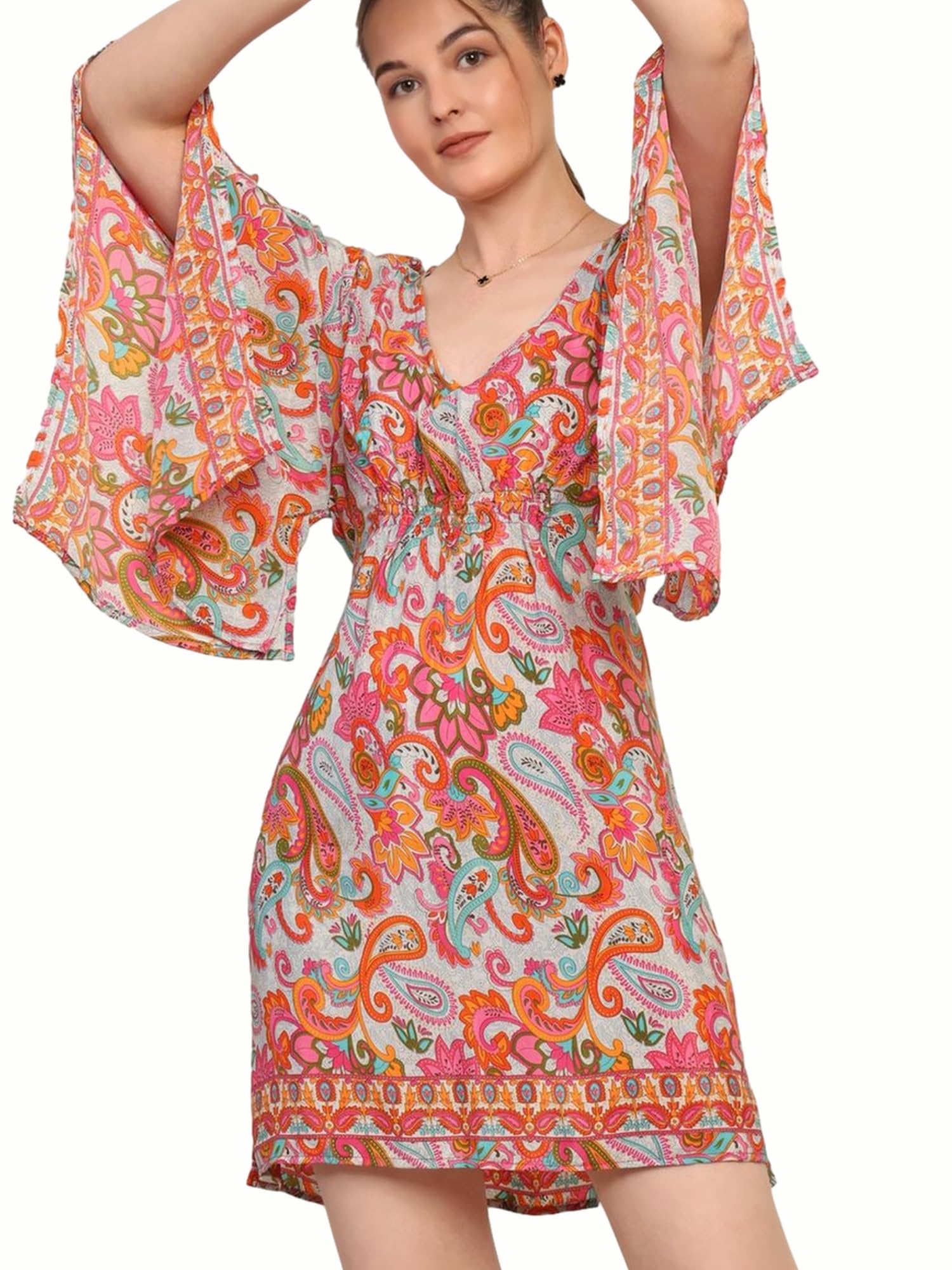 KE KANHA EXPORTS Dress for Women Short Boho Beach Western|V Neck Bell Sleeves One Piece Printed Dress Soft Silky Fabric Free Size Fits S-M-L