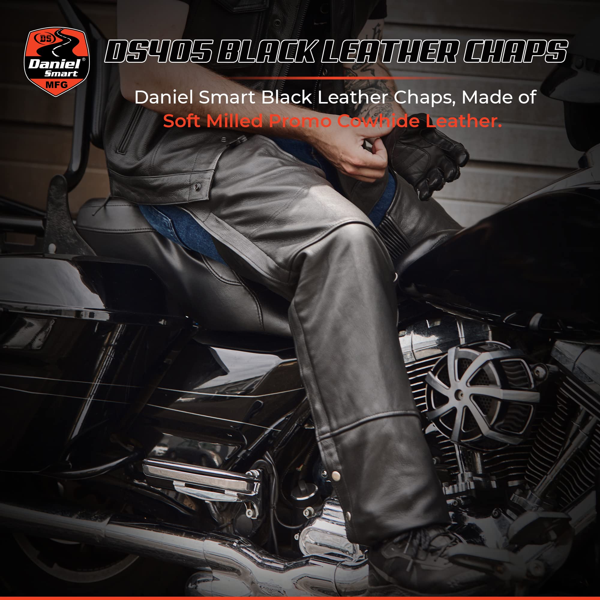 Daniel Smart Motorcycle Leather Chaps All Season Unisex Assless Chaps with mesh Under Lining & Customizable Fitting Black