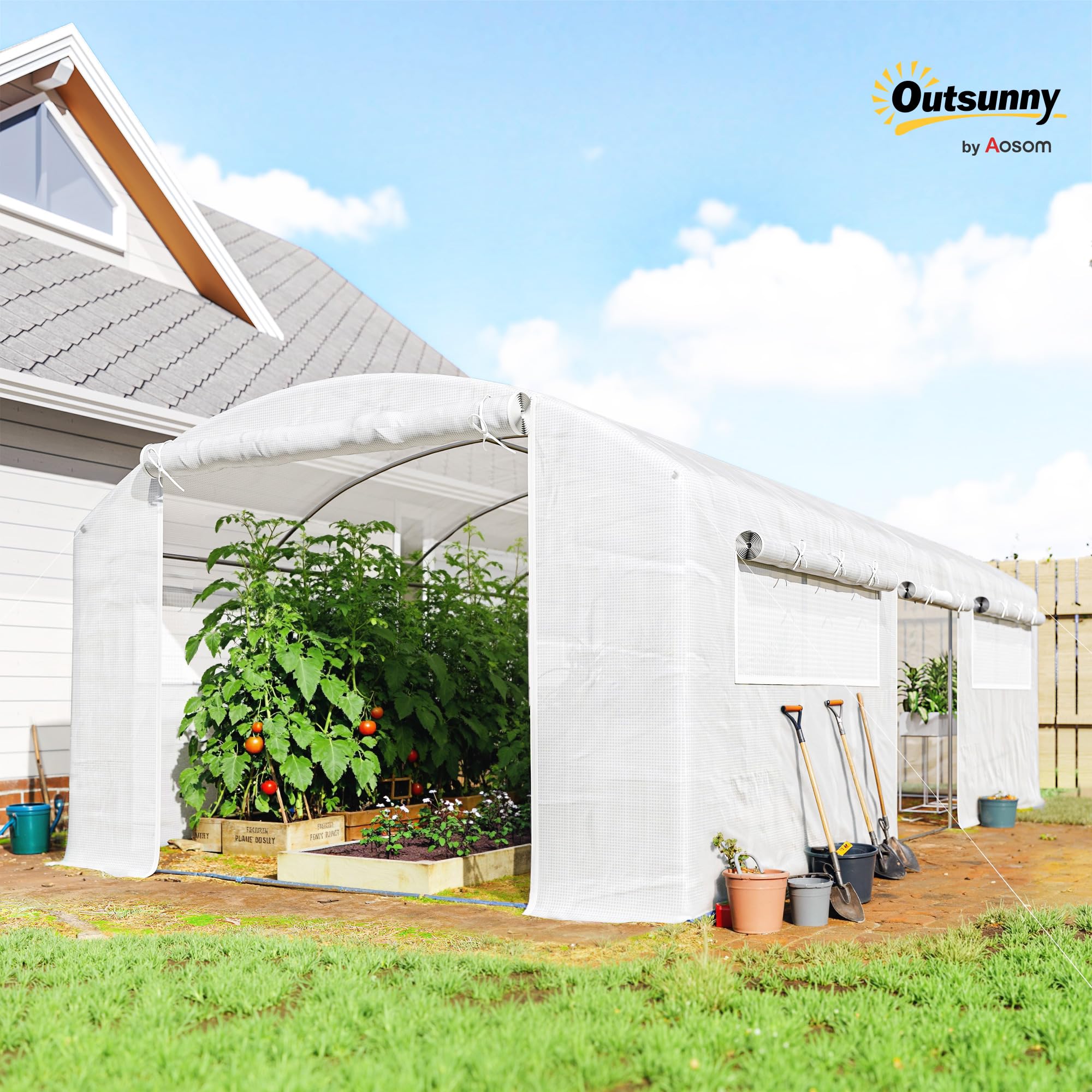 Outsunny Serre d'extérieur 6 x 3 x 2 m, Serre Tunnel avec 3 Portes enroulables, fenêtres en Filet, Couverture PE 140 g/m² Anti-UV et Cadre en Acier galvanisé, pour Cultures, Plantes, Blanc