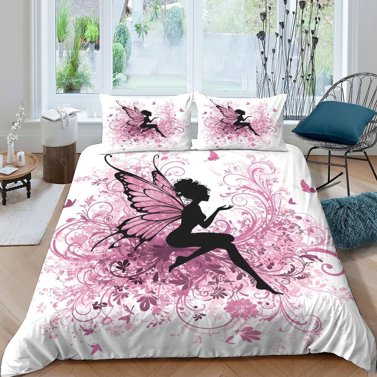 TUFRTGYHN 3D Printed Fairy Silhouette Duvet Cover Microfiber Pink Floral Bedding Set with 2 Pillowcases for Bedroom Decor Single（135x200cm）