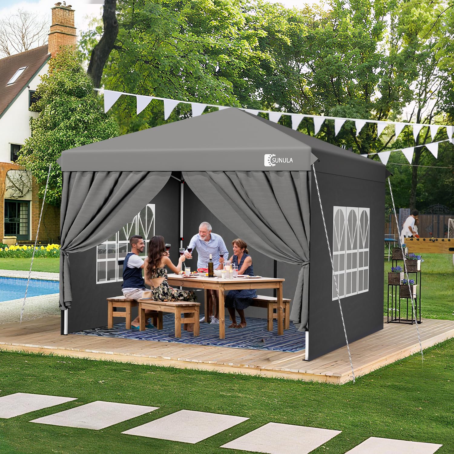 Sunula Tonnelle 3 x 3 m imperméable et stable avec 4 parois latérales, pliable, 3 x 3 m, avec tubes épaissis, tente de réception, tonnelle de jardin, tente pliable, pour camping, festival, fête (Gris)