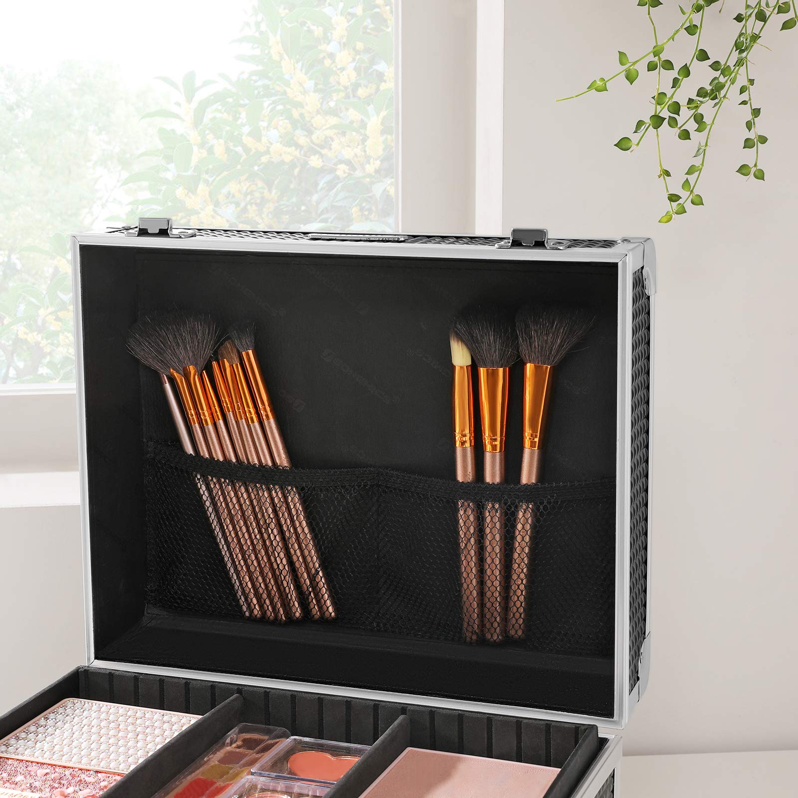 SONGMICS Kosmetikkoffer, Make-up Koffer für Reisen, Schminkkoffer, Aufbewahrung, für Friseure und Visagisten, mit herausnehmbarem Tablett, mit Schlössern, schwarz JBC328B01