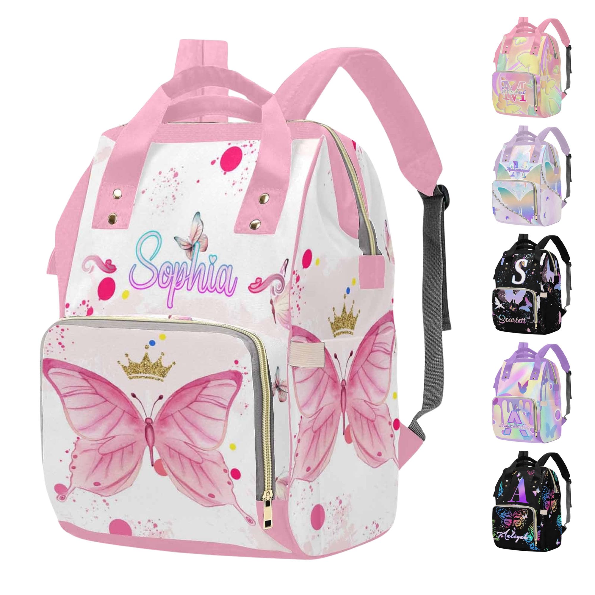 M YESCUSTOM Custom Diaper Bag for Girls - Large Capacity Backpack with Pockets - Butterfly Personalized Baby Diaper Bags for Mom - Waterproof Nappy