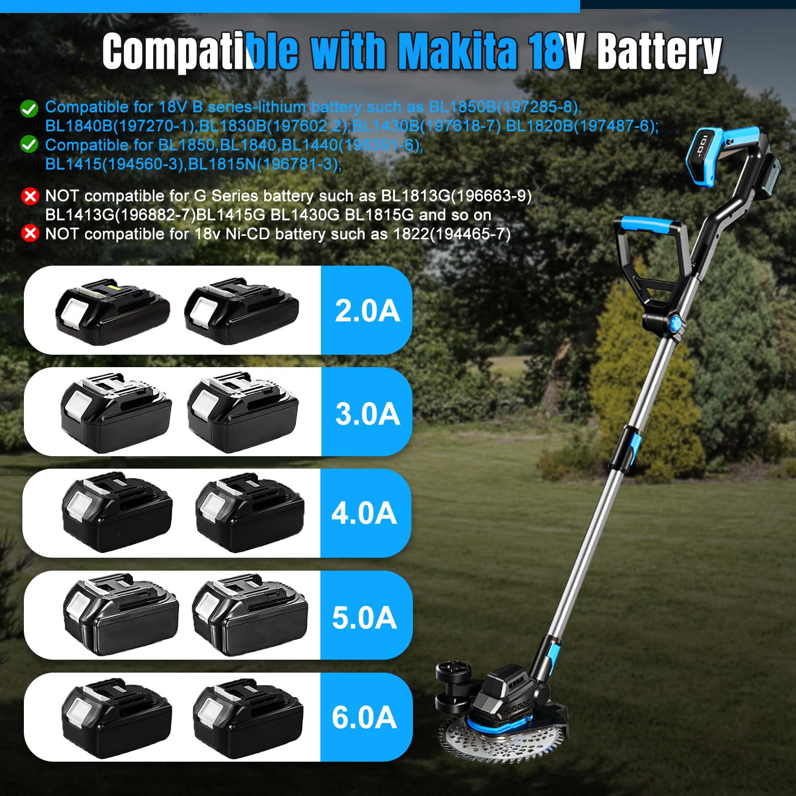 Desbrozadora a batería con indicador y Rueda para Makita 18V (sin bateríe) | Cortabordes eléctrico, sin escobillas, extensible, cabezal giratorio 90° y mango giratorio 90°, para jardín y césped