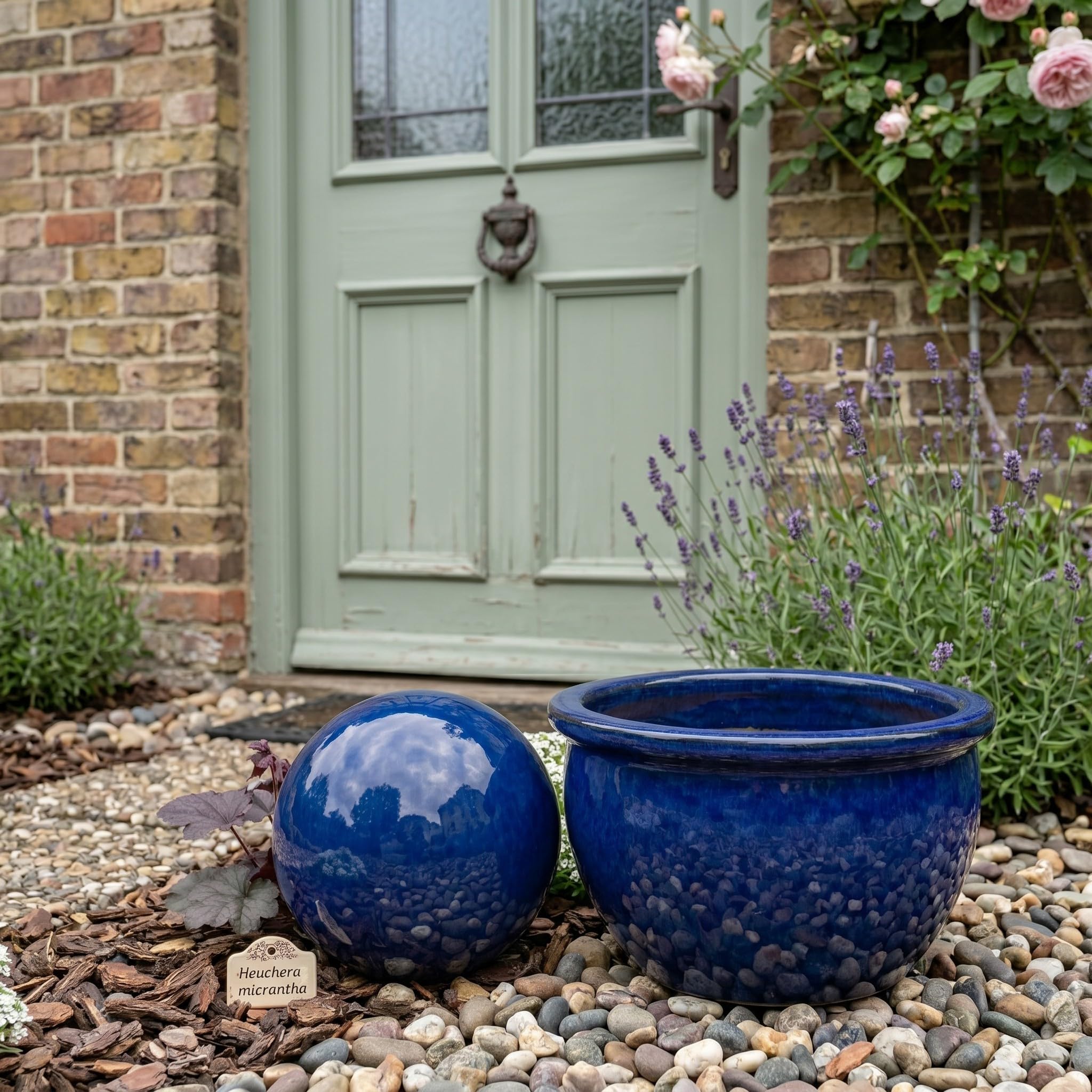 teramico Boule décorative de Jardin émaillée – Bleu, Vert, Anthracite, Turquoise, céladon – Très Haute qualité résistante au Gel et aux intempéries - en grès (28 cm, Bleu)