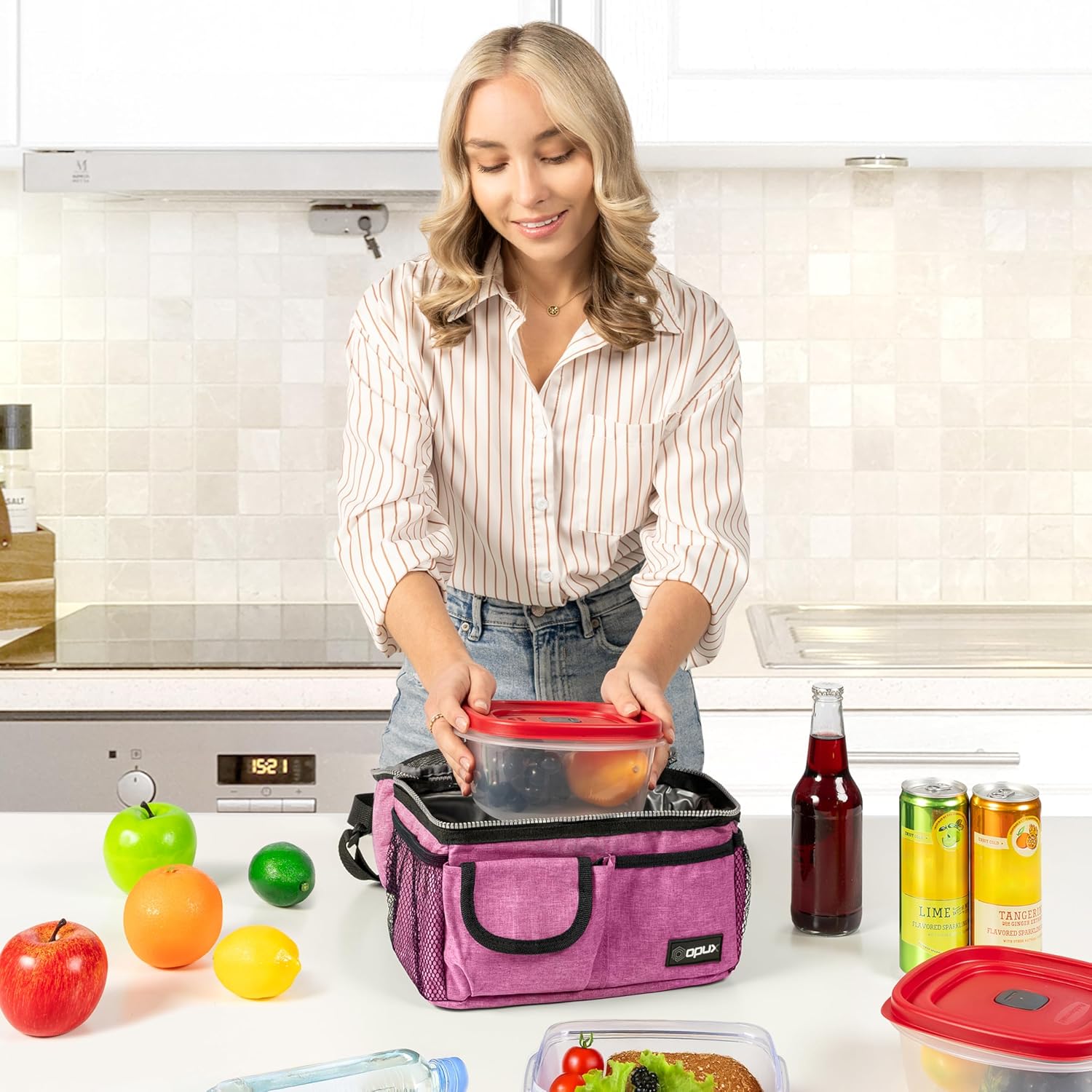 opux Lunch Bag Women Insulated, Adult Lunch Box Cooler, Lunch Box for Men, Dual Compartment Lunchbox for Work, Leakproof Double Decker Lunch Bag, Soft Lunch Pail Tote Girls Boys Kids School, Pink - Image 4