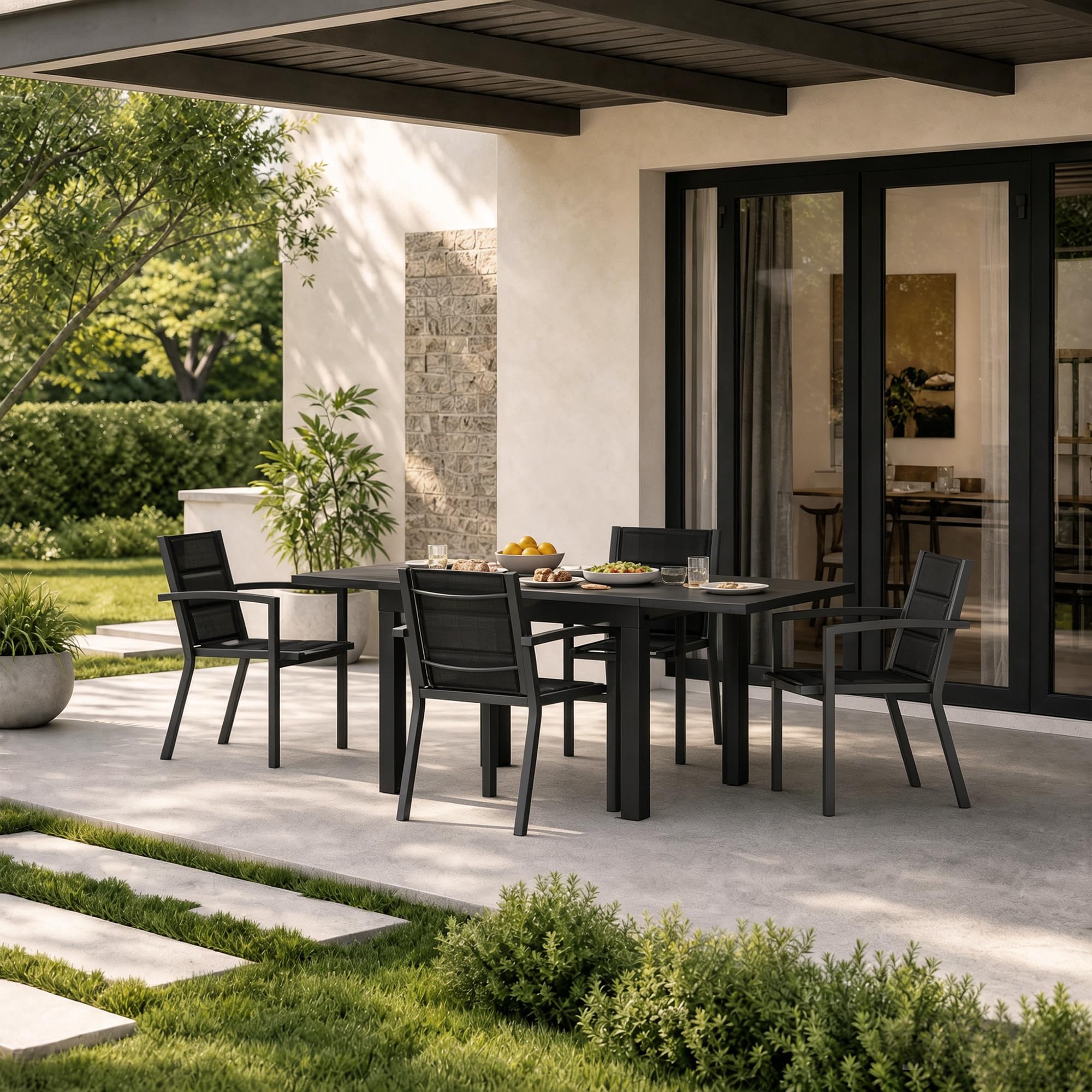 JUMMICO Gartenmöbel Set Aluminium Balkonmöbel Set Terrassenmöbel Gartentisch Ausziehbar 4 Stühle mit 1 Tisch, Gartenstühle Stapelbar und Leicht