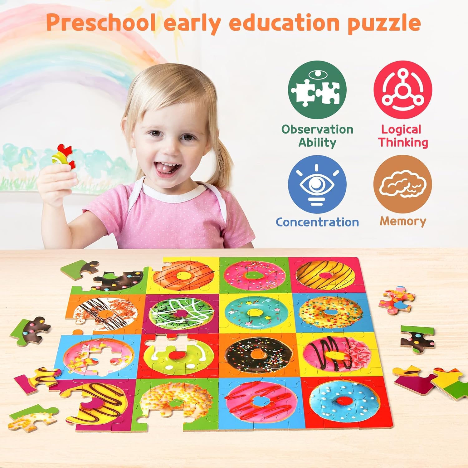 SYNARRY 100 Piece Wooden Puzzles for Kids Ages 4-8, Donuts Jigsaw Puzzle for Kids Ages 4-6 8-10 Teens, Educational Puzzles for 4 5 6 7 8 9 Years Old Boys Girls, Easter Basket Stuffers Gifts for Kids