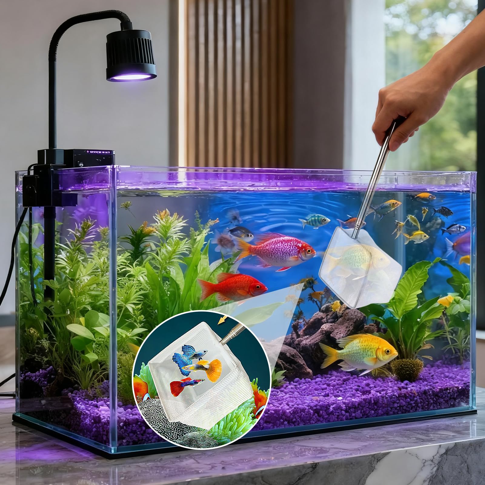 Mini Épuisette Aquarium,8CM Mailles Fines Carrées Souples avec Manche Extensible en Acier Inoxydable pour Aquariums et Petits Bassins(Longueur Maximale Jusqu'à 40 cm) - 5