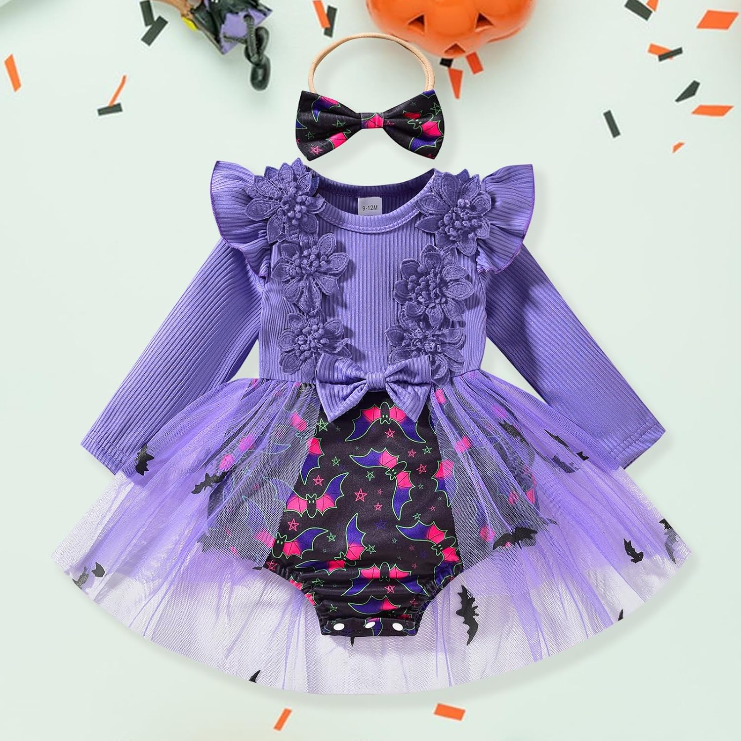 Newborn Baby Girl Halloween Outfit Clothes Sleeveless Pumpkin Romper Dress Mesh Tutu Fairy Ruffle Jumpsuit Costume