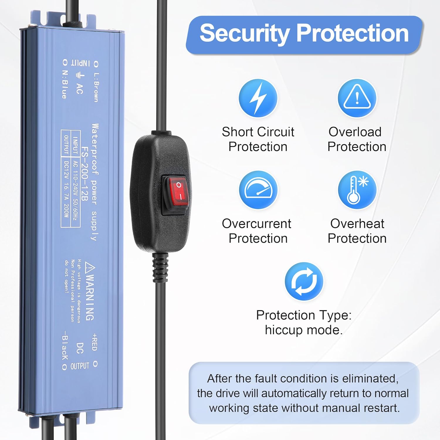 Saillong LED Driver 200 Watts Waterproof Ip67 Power Supply Transformer Adapter 110v-220v Ac to 12v Dc Low Voltage Output, LED Power Supply 12v with Waterproof Switch and 3 Prong Plug for Outdoor Light