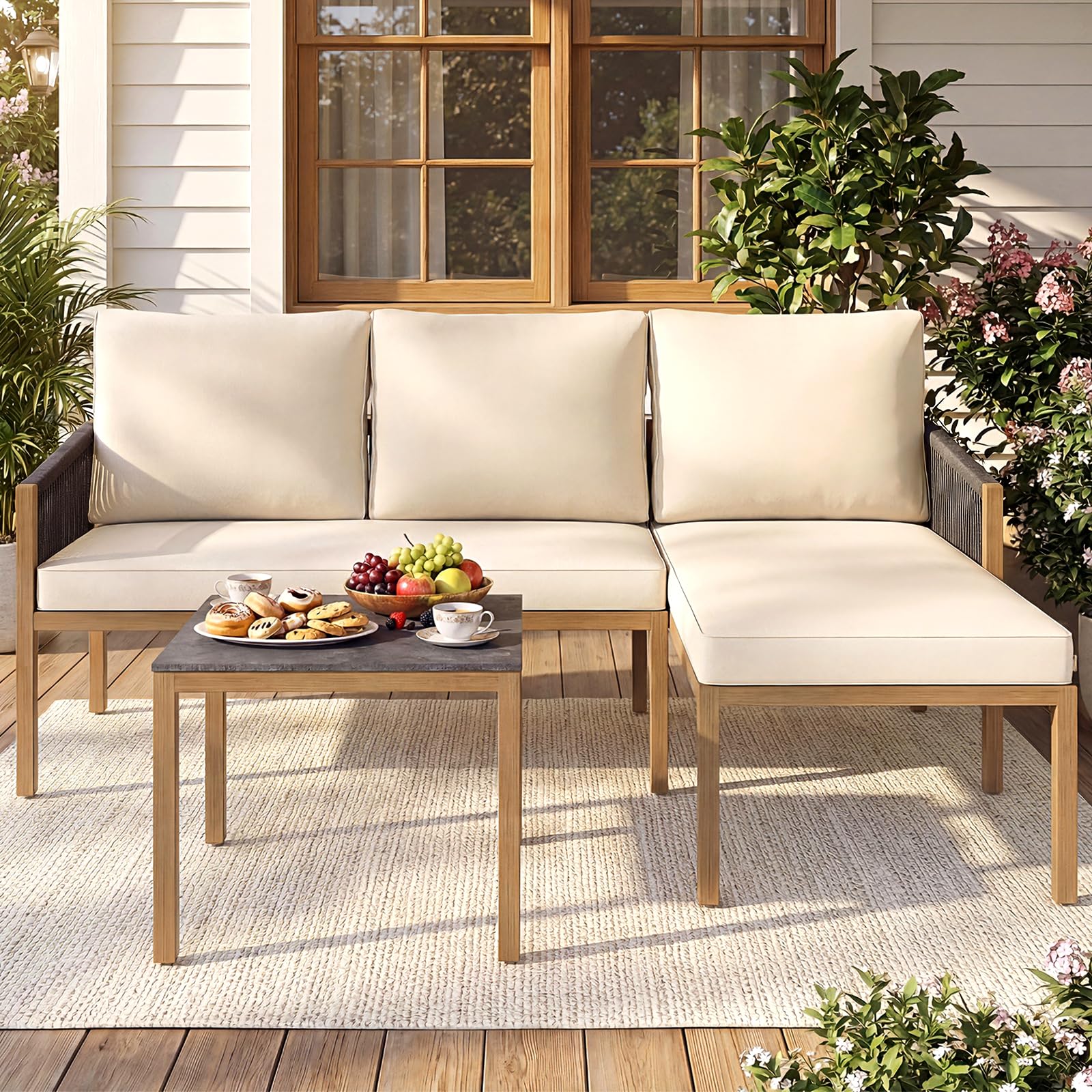 COSTWAY Set di Mobili da Giardino 3 Pezzi, Salotto da Esterno con 2 Divani Componibili a forma di L e Tavolino da Caffè, Set da Conversazione da Esterno con Cuscini Sfoderabili, per Patio e Terrazzo