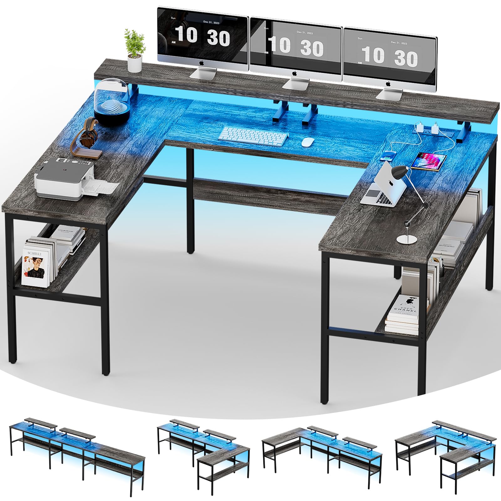 Photo 1 of Customizable U Shaped Computer Desk with Adjustable Monitor Stand, Reversible L Shaped Gaming Desk with Power Outlet and Smart LED Light, Sturdy Office Desk with Storage Shelves, Black Oak