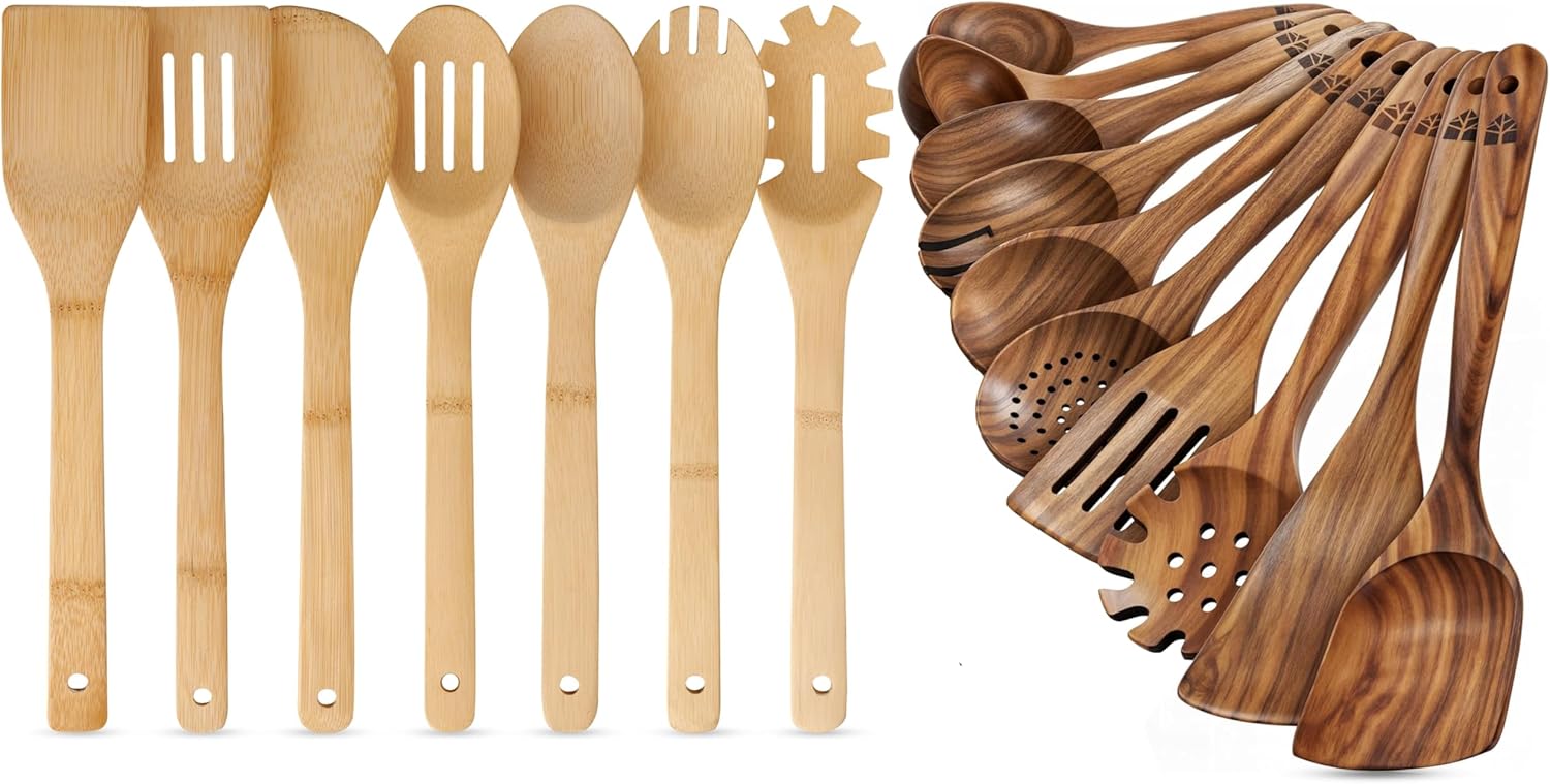 Bamboo Wooden Utensil Set 7 Pcs, Wooden Spoons for Cooking 10 Pcs - Easy to Clean, Sturdy, Nonstick Safe and Heat Resistant