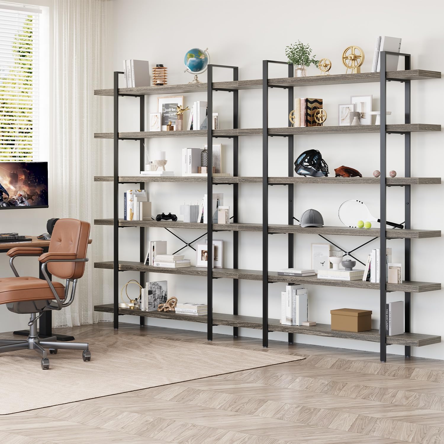 4 Tier Book Shelf, 47'' Wide Wood Industrial Bookshelf, 120lbs Shelf Capacity, Open Storage Shelves, 55'' Tall Heavy Duty Display Shelving, Rustic Brown Bookcase for Bedroom,Living Room,Office