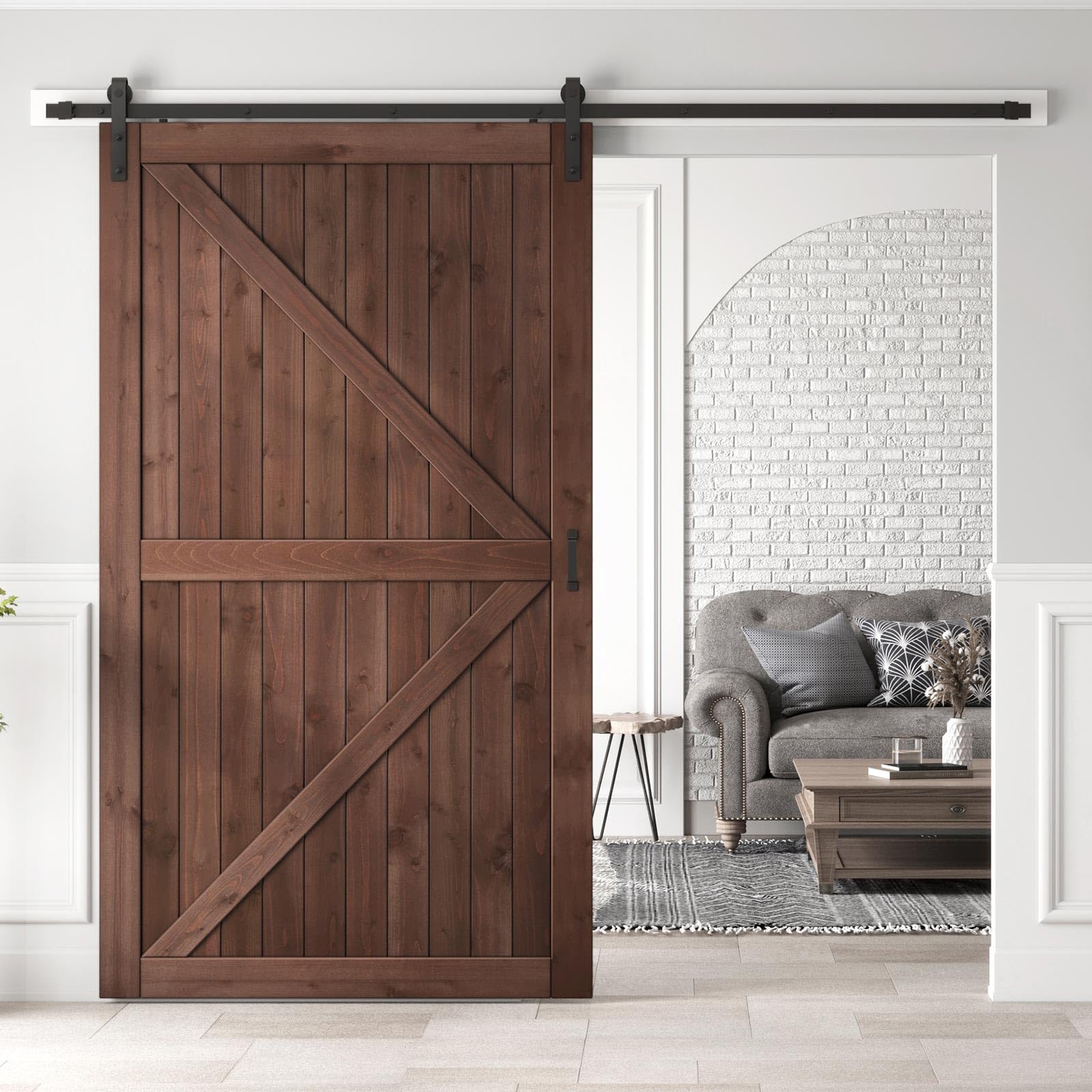 54x96 inch sliding barn wood door slab with 9ft hardware kit and handle, coffee, k shape, simple diy assembly