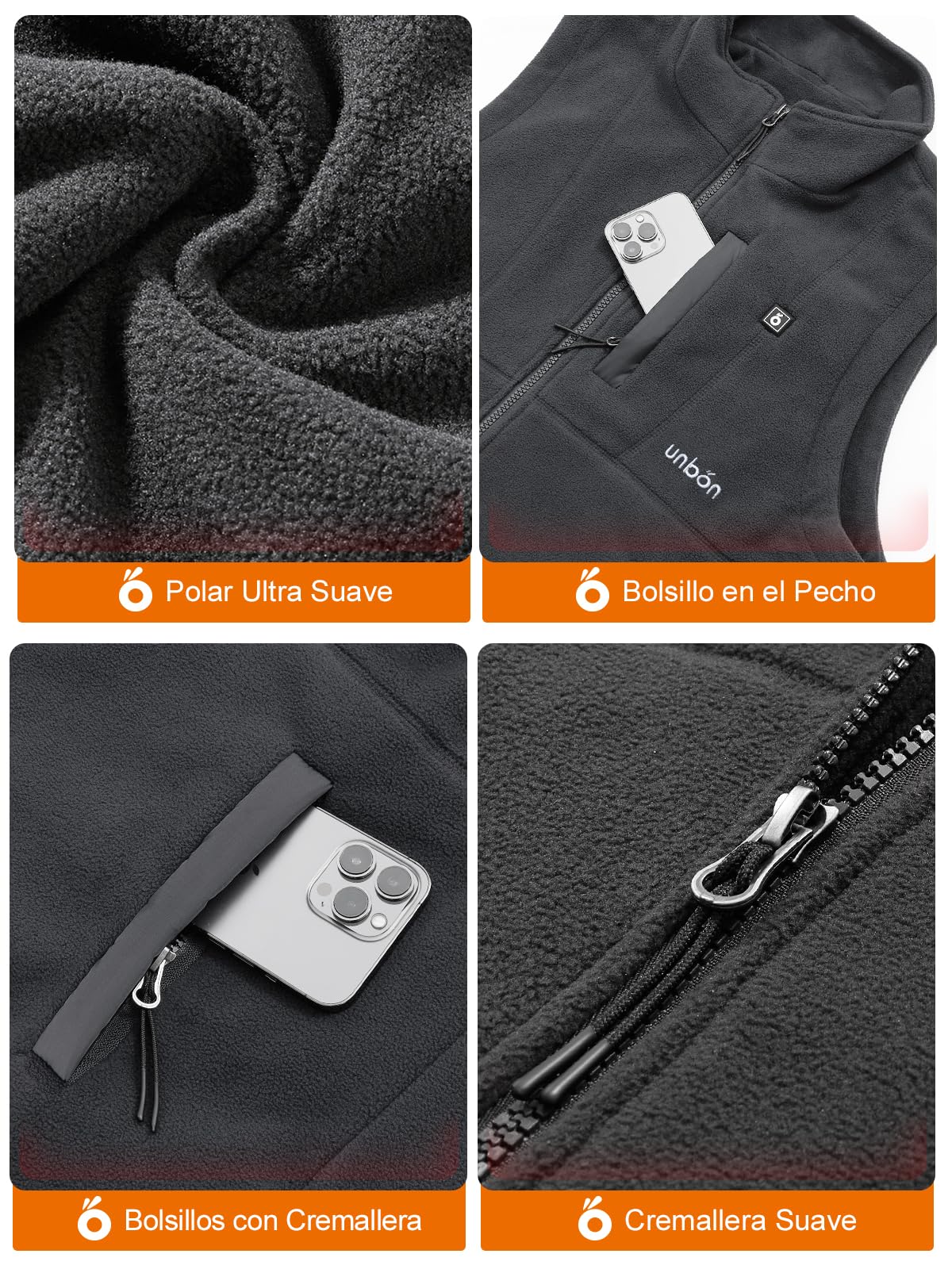 UNBON Chaleco Calefactable Hombre con Batería USB 10000mAh, Chaleco Térmico Eléctrico Polar, Chalecos Calefactor Hombre con 3 Temperaturas 6 Zonas Calefactables para Moto Caza Trabajo, Gris, 3XL