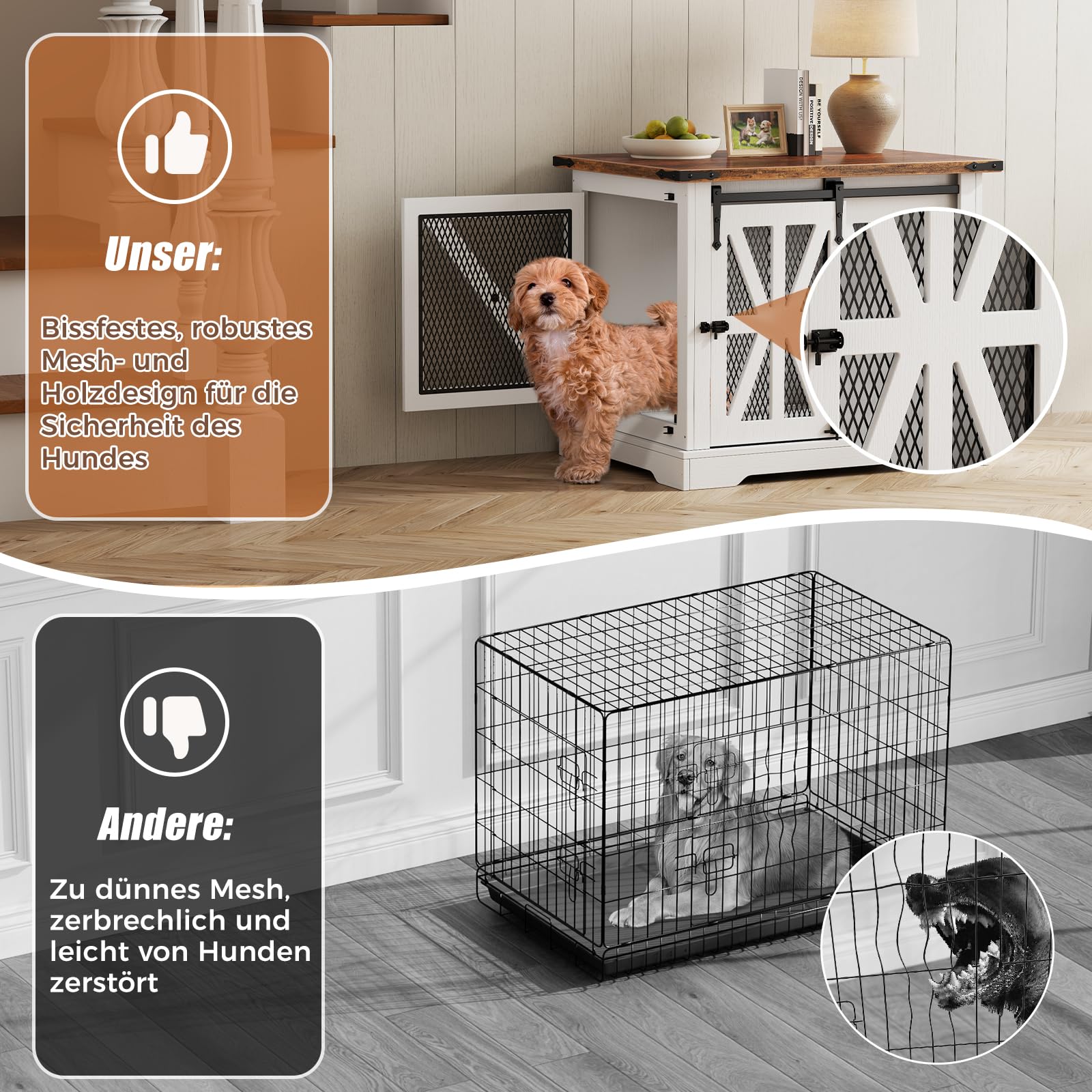 Hundekäfig, 73 cm Hundebox, Dreitüriger Hundekäfig für zu Hause, Schiebetür, Modernes Holz-Hundehäuschen, Geeignet für Kleine Hunde und Welpen, Verstärktes Design, Größe: 73x51x60 cm, Weiß