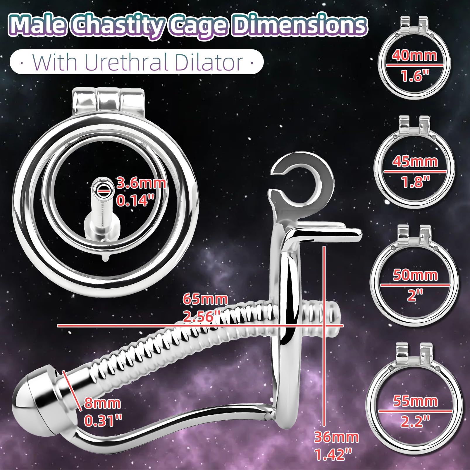 Gabbia di castità con tappo uretrale, gabbia di castità in acciaio inox con anello di bloccaggio per uomini, traspirante e impermeabile, tubo cavo per una facile minzione (40mm,1)