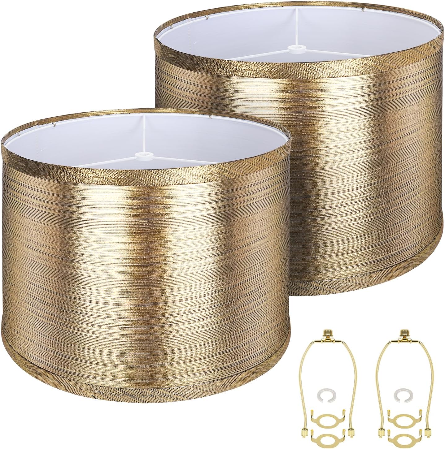 Lamp Shades Set of 2, Drum Lampshades 13" Top x 13" Bottom x 10" High, Large Lamp Shades for Table Floor Lamp, Gold Stripe Lamp Shade with 8" Lamp Harps, Easy Assembly Required (Spider)