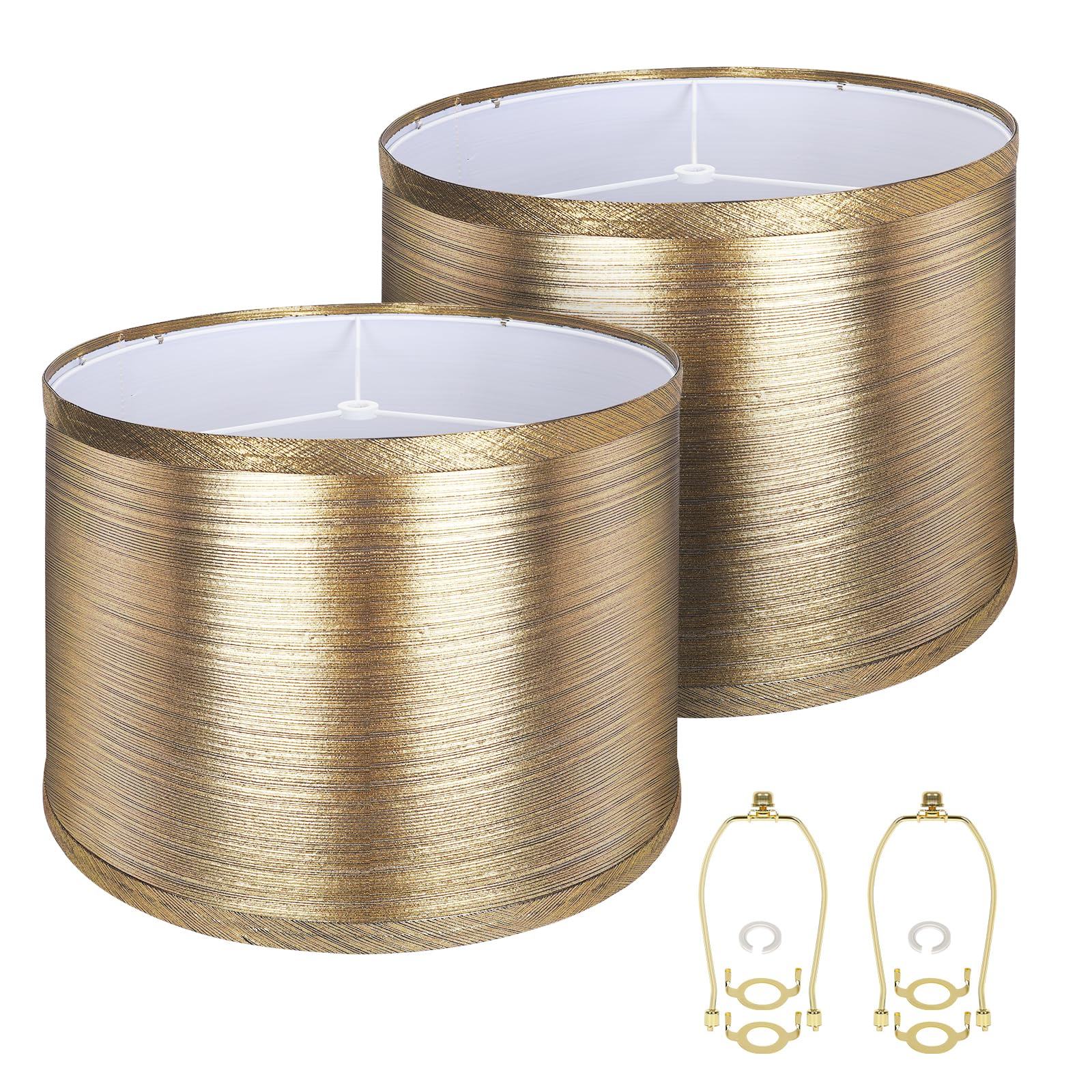Lamp Shades Set of 2, Drum Lampshades 13" Top x 13" Bottom x 10" High, Large Lamp Shades for Table Floor Lamp, Gold Stripe Lampshade with 8" Lamps Harps, Easy Assembly Required (Spider)