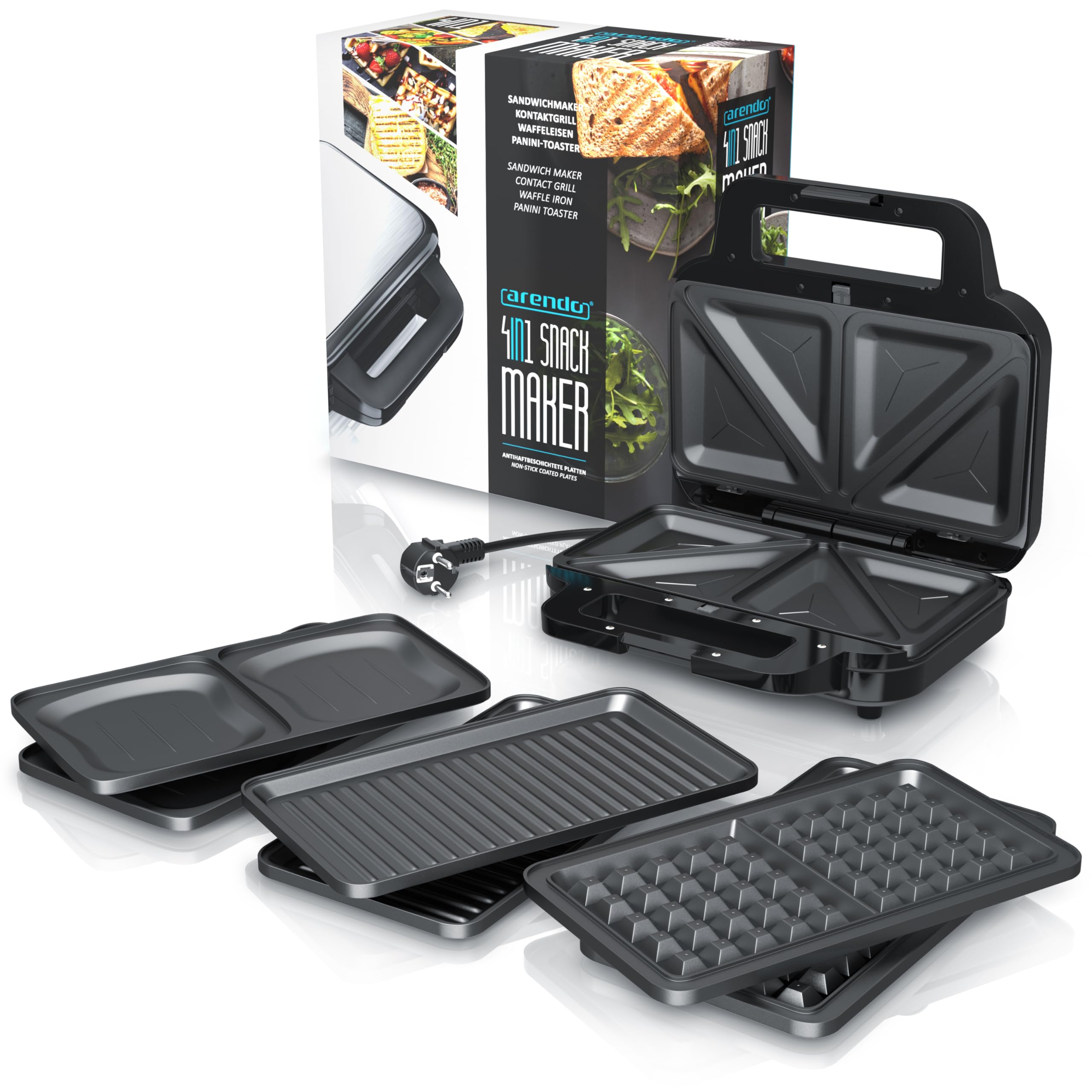 Arendo -Sandwichmaker mit Wechselplatten - Waffeleisen doppelt - 4 in 1 - Panini Maker Kontaktgrill - Antihaftbeschichtung - BPA frei - Temperaturkontrolle – Sandwich Maker - Sandwichtoaster