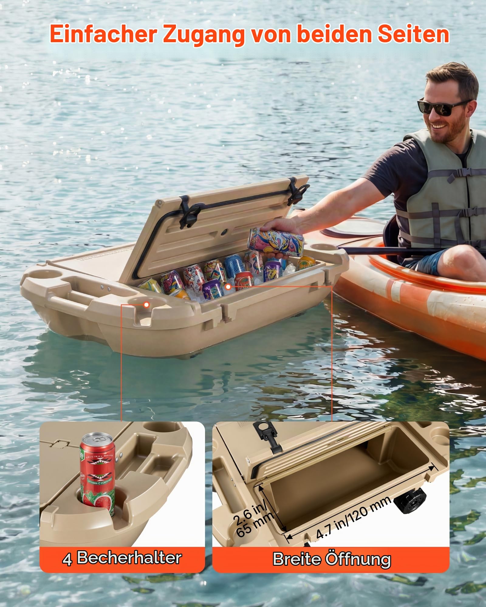 VEVOR Amphibischer Schwimmender Kühler, 37,9 L Schwimmender Getränkekühler mit Trockenfach Zugseil für Wasser & Land, Kippstablier Kühlbehälter aus LLDPE für Pool Fluss Seen Strand Meer Party, Beige