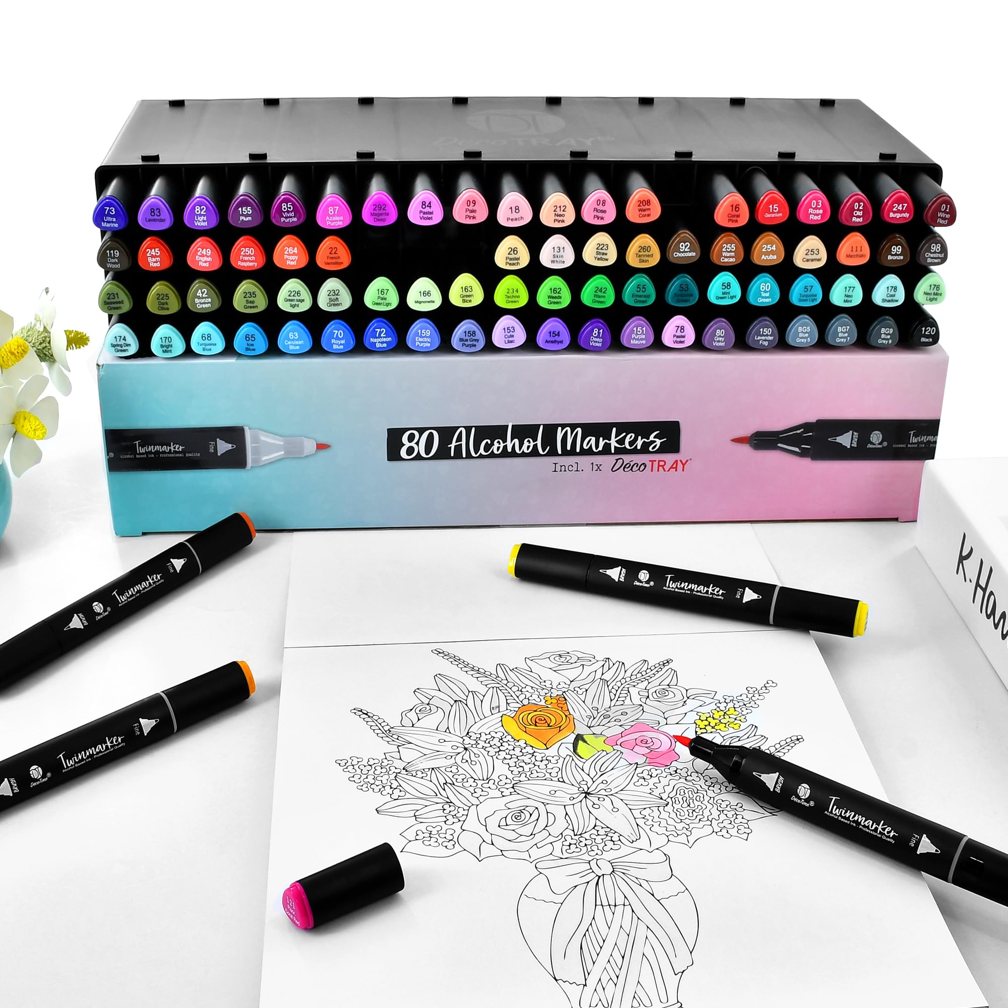 Decotime - Pennarello doppio alcolico con vassoio impilabile, 80 pennarelli sottili e a doppia punta, pennarelli colorati per adulti e bambini, accessori per arte ad asciugatura rapida